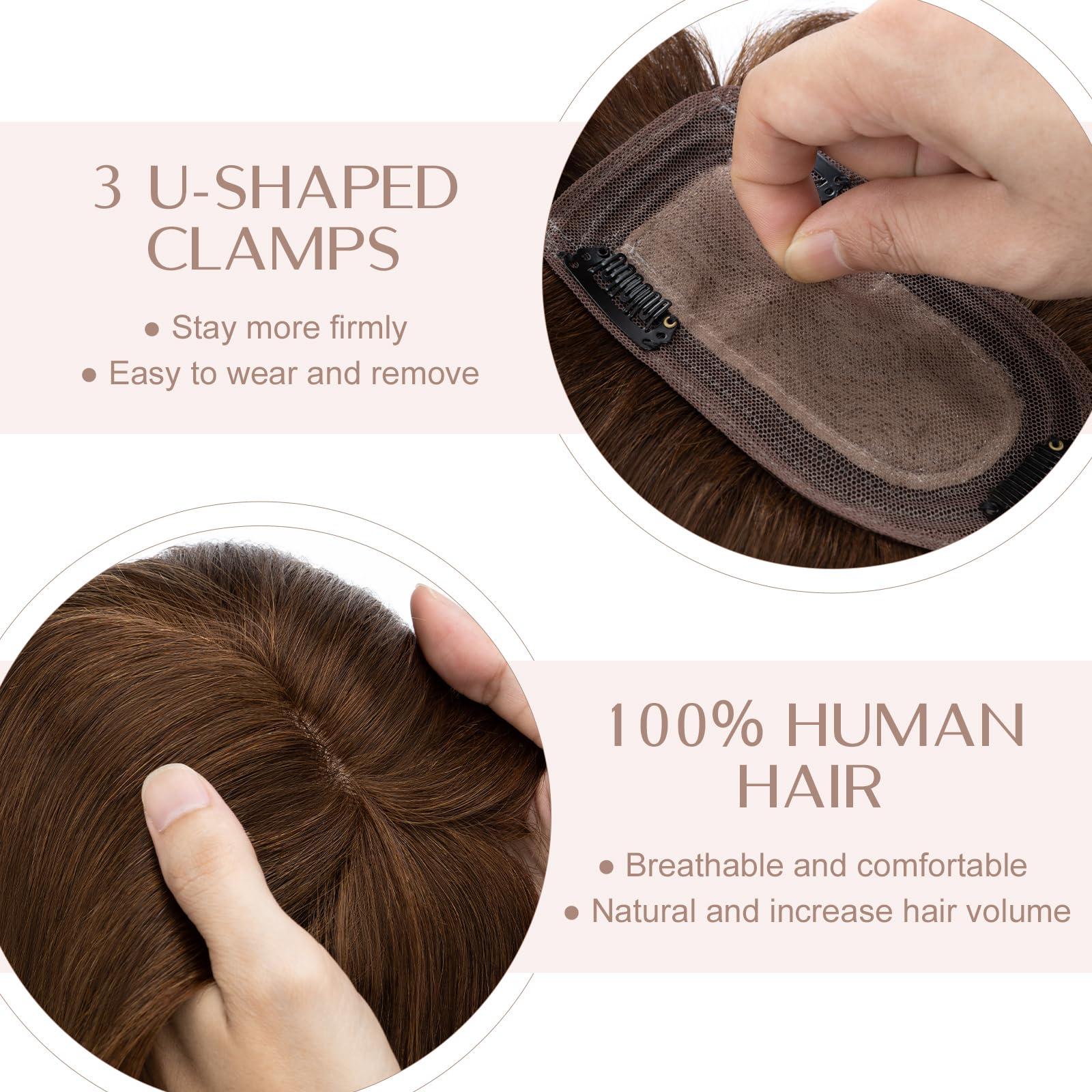 SEGO Pro SEGO Pro Human Hair Topper with Bangs Hair Toppers for Women Real Human Hair Toppers Hair Pieces for Women Human Hair Toppers for Thin Hair 8 Inch #04 Chocolate Brown