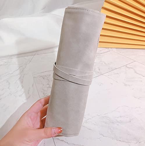VASANA Gray Soft Makeup Brush Rolling Case Mini Cosmetic Brush Organizer Portable Roll Up Brush Holder Pouch Bag for Travel Business Trip 14 Pockets