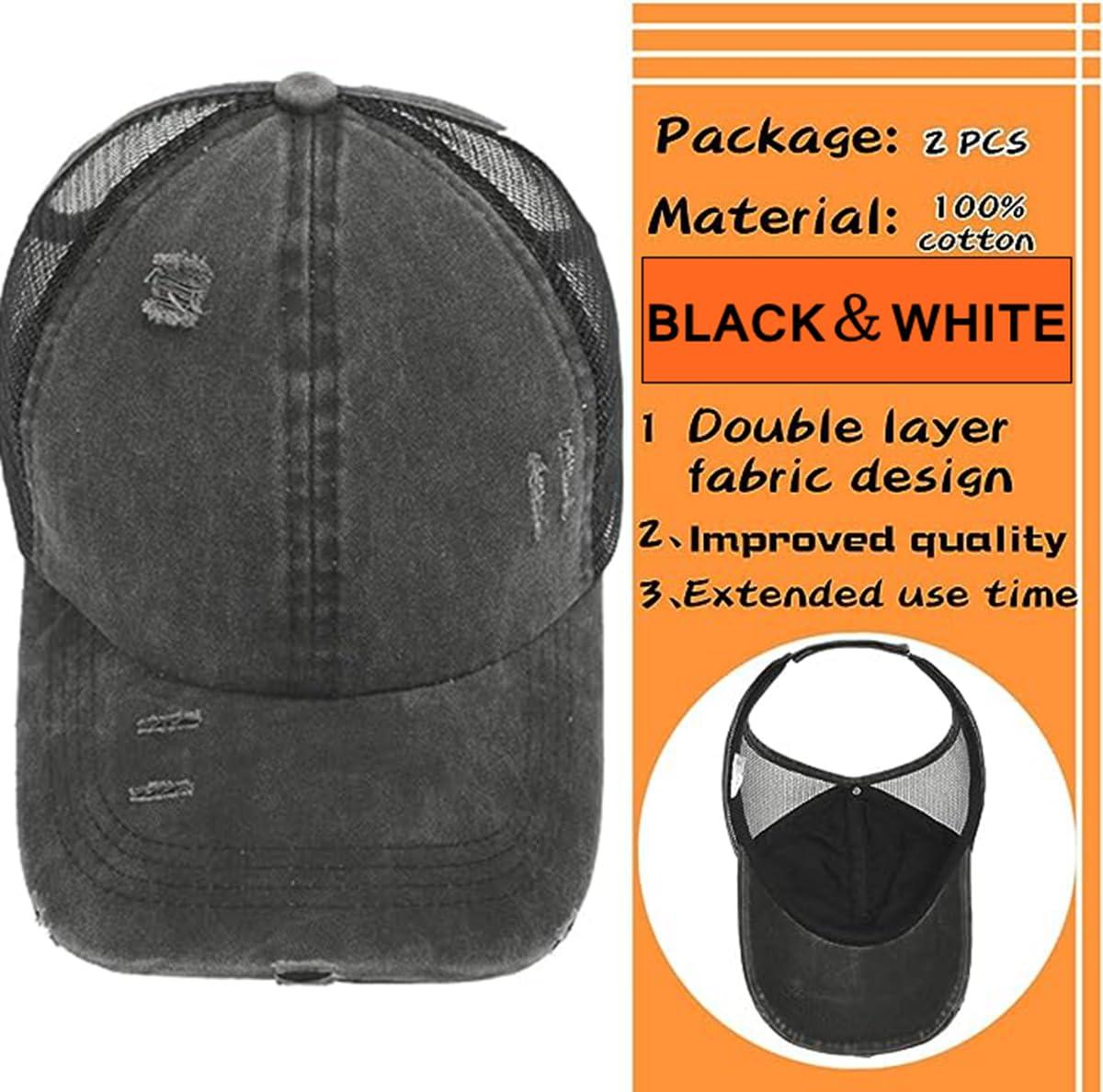 AICILY AICILY 2 Pack Backless Cap for Women Natural Curly Hair Hat Baseball Cap Afro Puff Ponytail Hat (S-blackwhite)