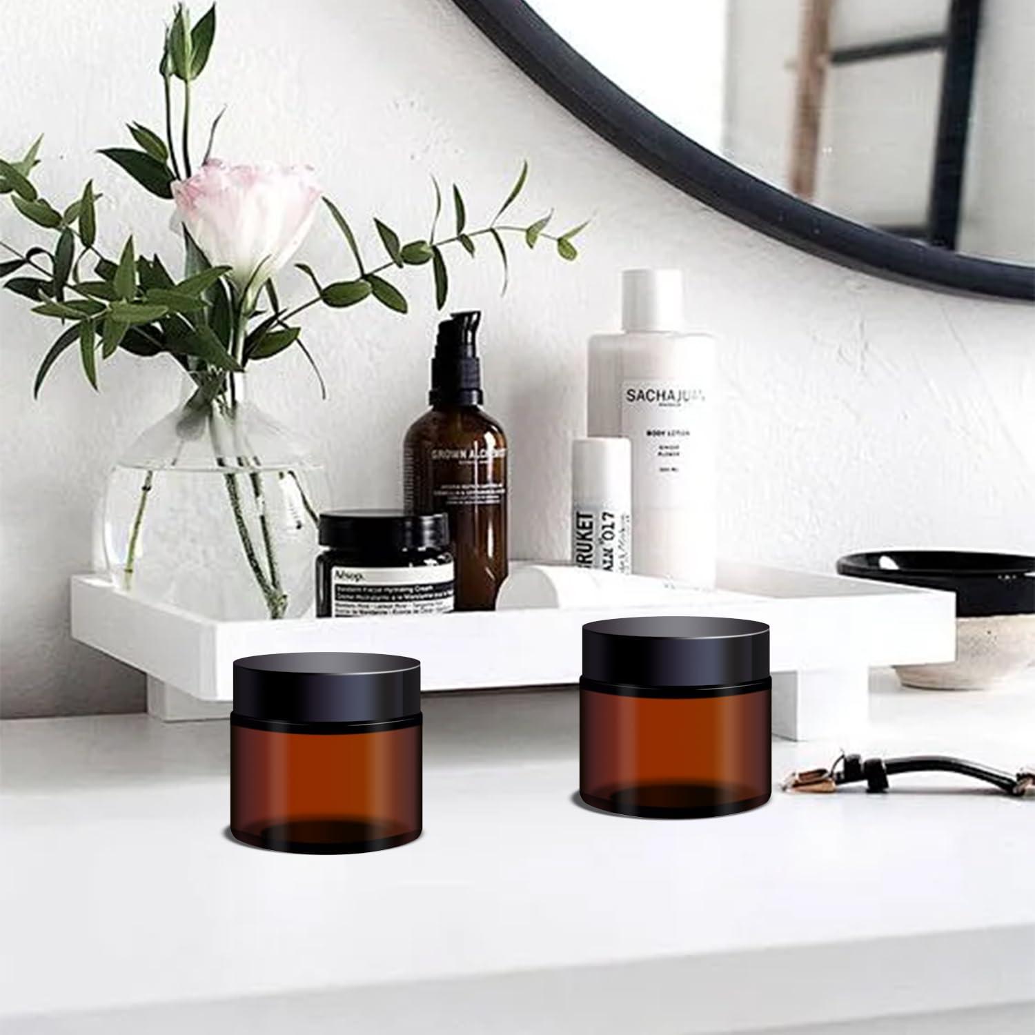 Ltzmcmy Ltzmcmy 2 oz Amber Glass Jars with Lids,48 Pack 2oz Small Container Jars with Inner Liners and Black Lids for Cosmetics,Cream Lotion,Body Scrub