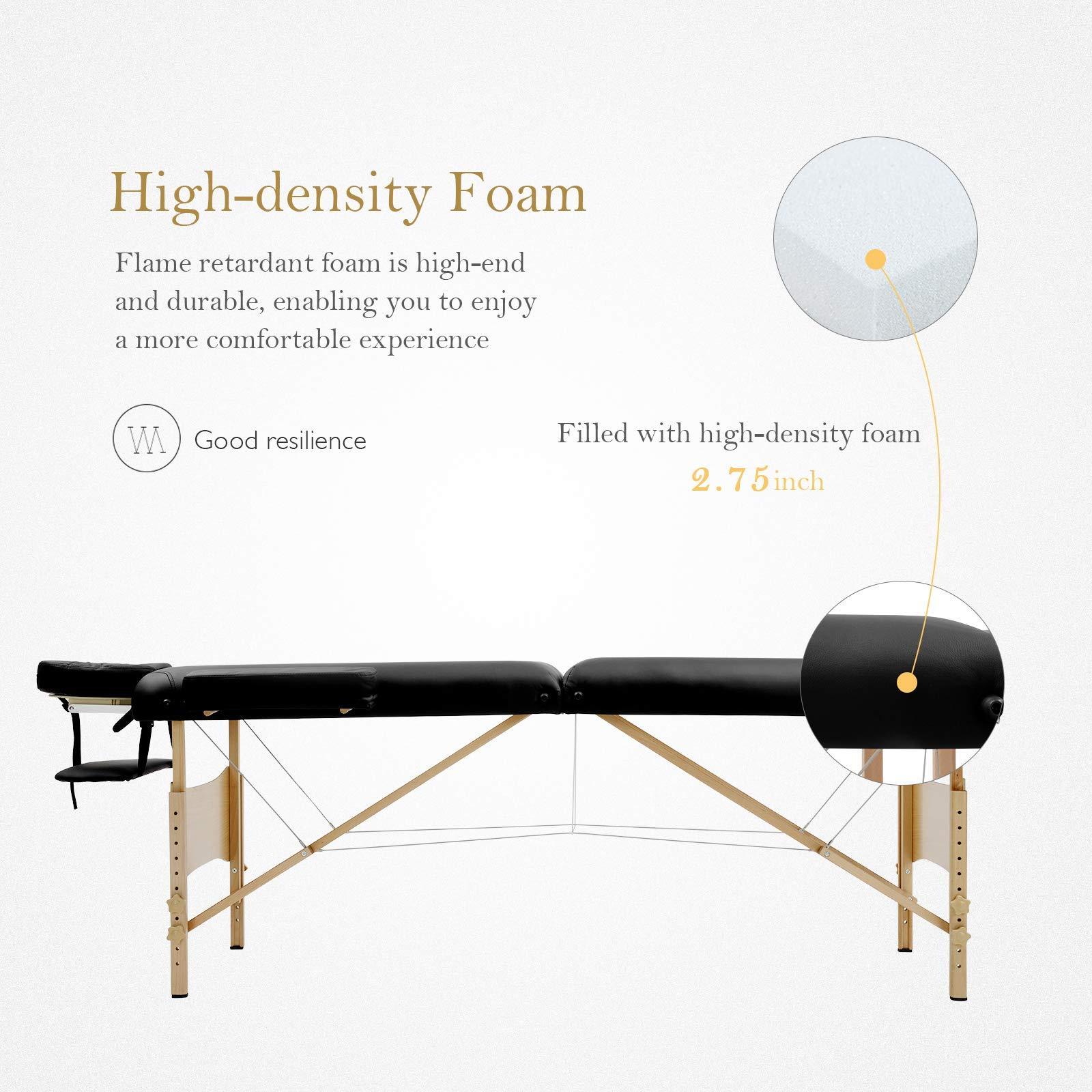 Infun Uenjoy Massage Table 84'' Professional Folding Massage Bed Deluxe Model with Extra Width, Ultra-thick Sponge, PU Leather Surface & Additional Accessories, 2 Fold, Black