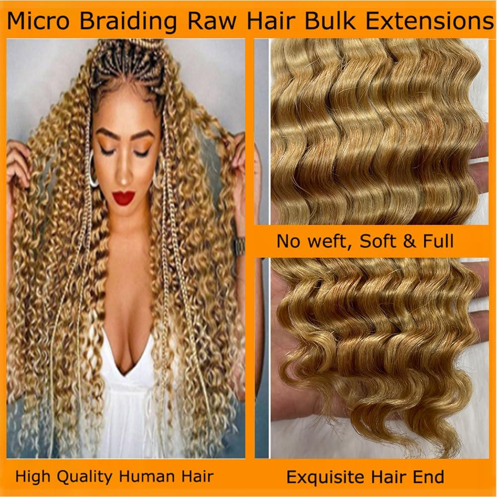 Kiss darling LASHES Highlight Human Braiding Hair 1 Bundle 22Inch Human Hair Bundles for Braiding Highlight 27P613 Blonde Water Wave Bulk Human Hair Raw Hair Wet and Wavy Curly Bulk No Weft