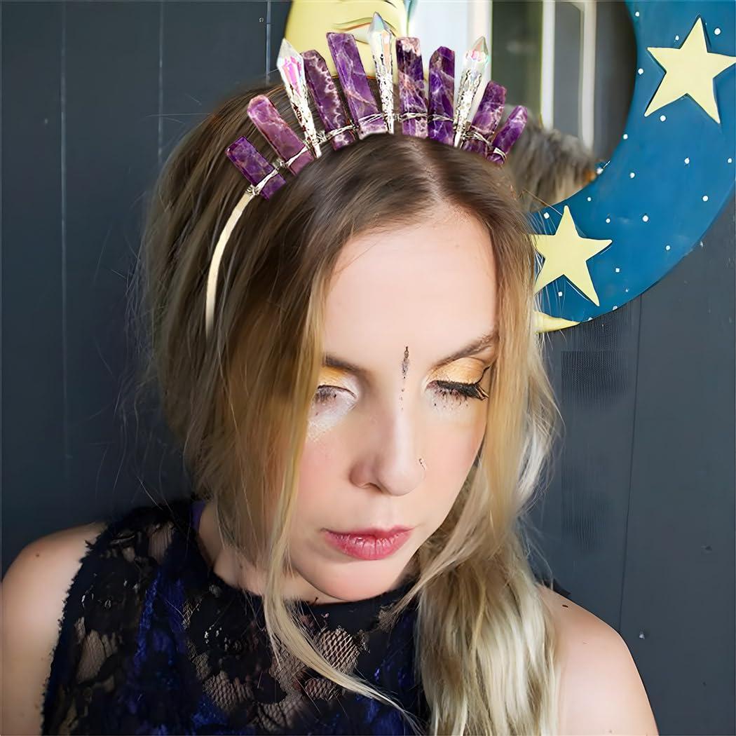 Formery Formery Purple Raw Crystal Crown Silver Amethyst Pendulum Quartz Headband Handmade Natural Stone Headpiece Hair Accessories for Women