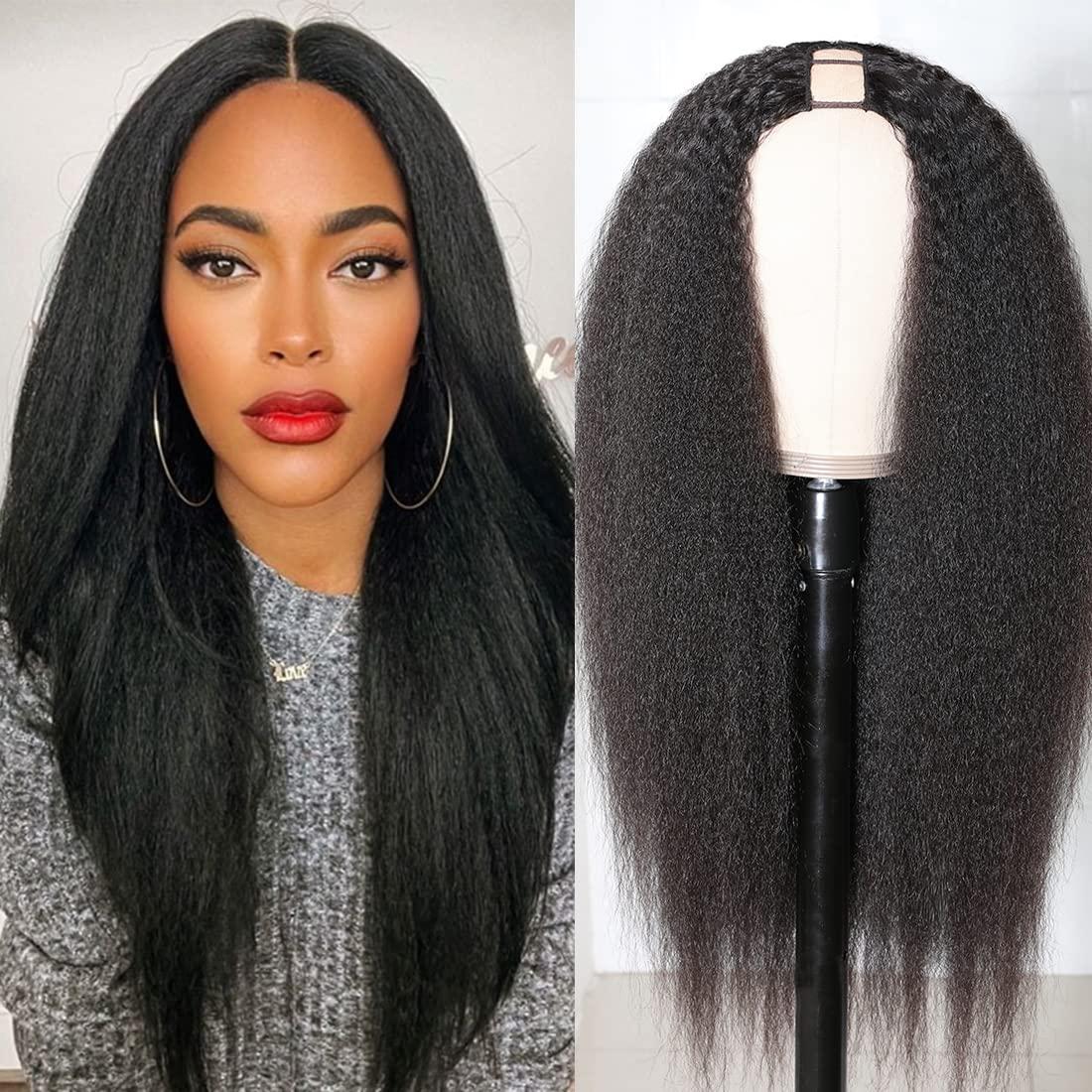Nadula Nadula Kinky Straight U Part Wigs Human Hair for Women,Brazilian Glueless Upart Yaki Straight No Sew in No Glue Beginner Friendly Wigs Natural Black Color 18inch