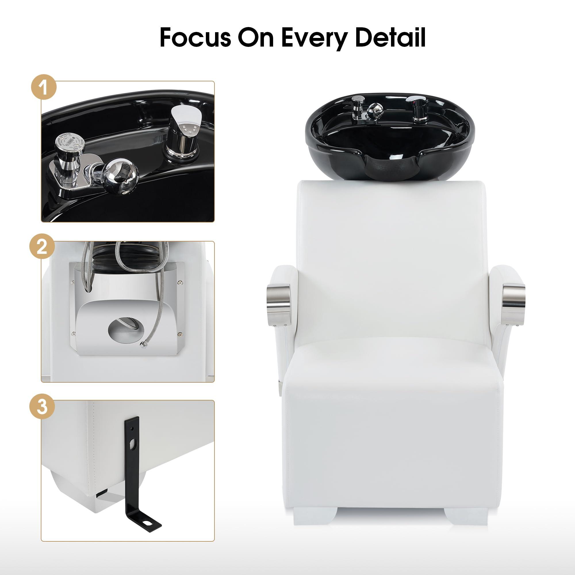 BarberPub BarberPub Ceramic Bowl Backwash Shampoo Chair, Adjustable Modern Shampoo Sink Chair, Hair Washing Station for Professional Shampoo Barbershop, Home&Beauty Spa Salon 9102 (White)