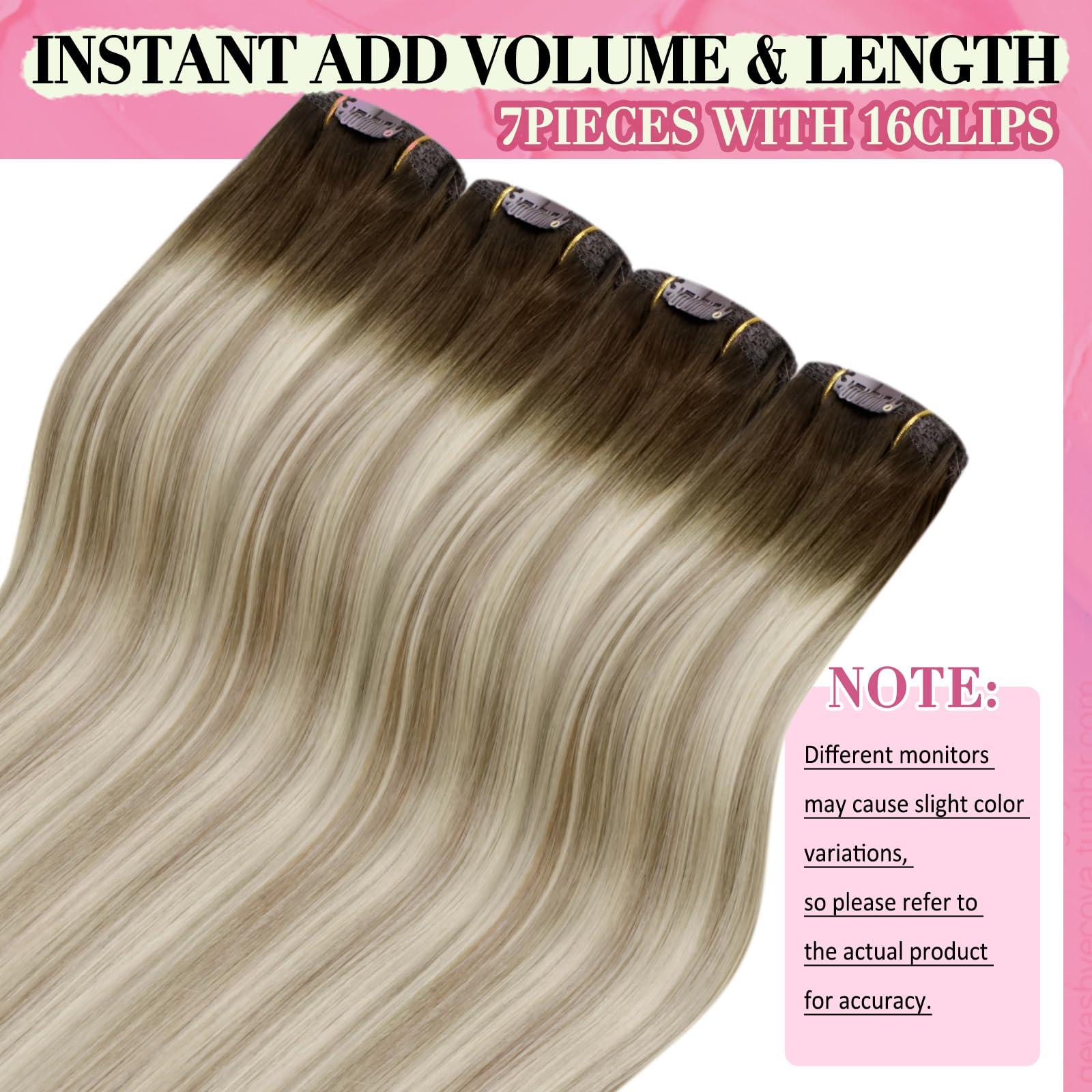 YoungSee YoungSee Clip in Hair Extensions Ombre Blonde Clip in Hair Extensions Real Human Hair Balayage Dark Brown Mix Blonde Straight Hair Extensions Clip ins for Short Human Hair Extensions 12Inch 7Pcs 80G