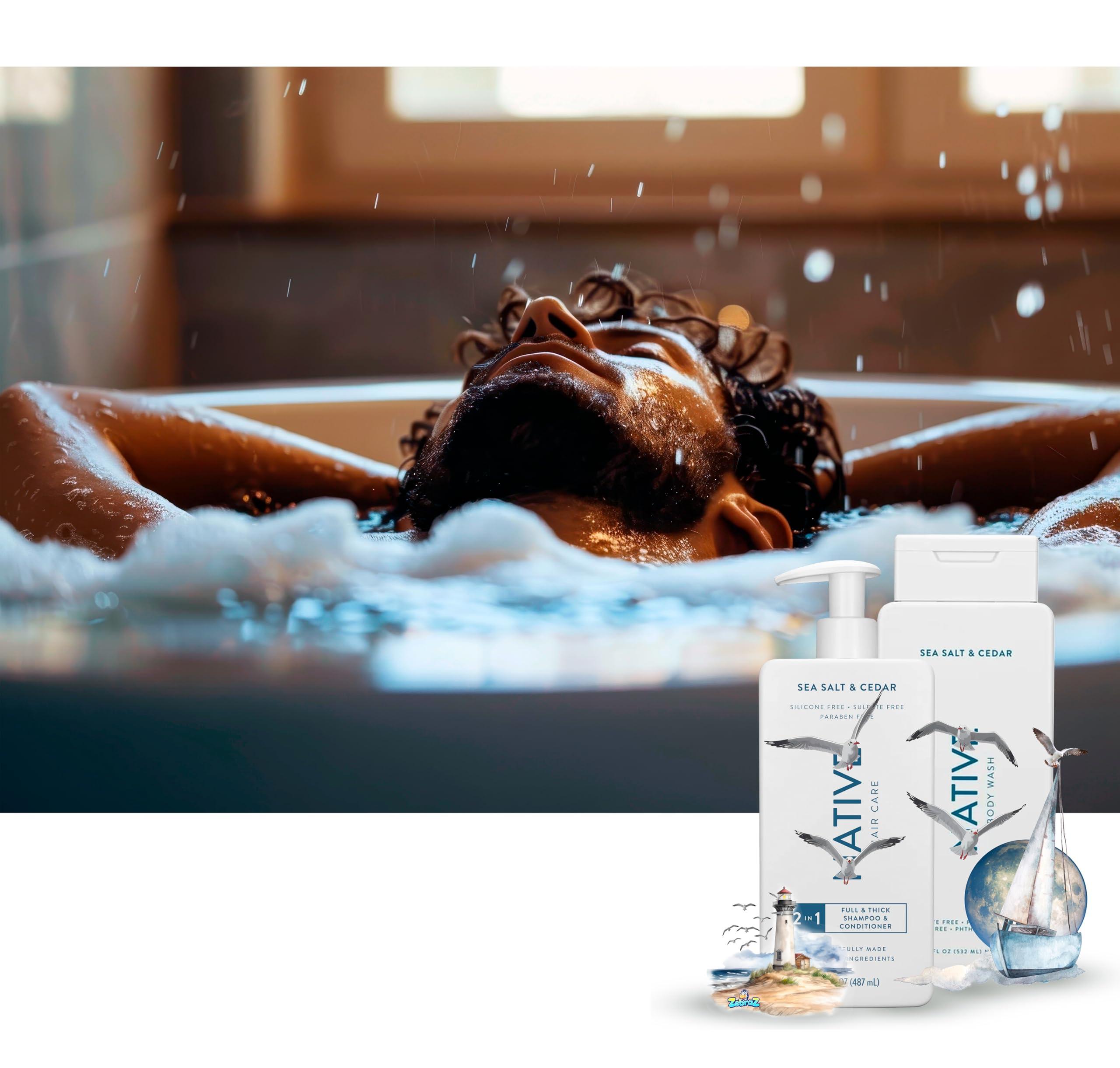 Hair Care And Body Wash Native - Hair and Body Wash - 2 in 1 Shampoo and Conditioner And Body Wash - Sea Salt & Cedar - Contain Naturally Derived Ingredients | All Hair - 16.5 and 18 FLOz - Pack Of 02