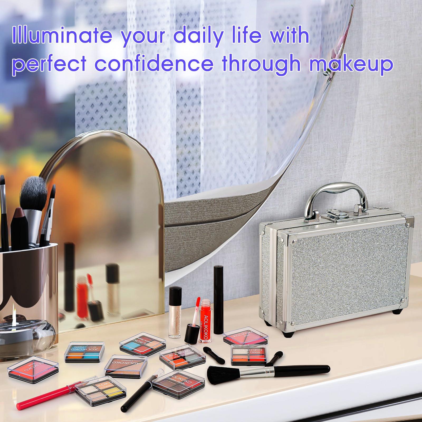 AOLIKOKO AOLIKOKO Makeup Kit for Teenager & Women Full Kit, All in One Makeup Set With The Small Cosmetic Train Case, Professional Makeup Kit, Makeup Gift Set for Women Girls (silver)