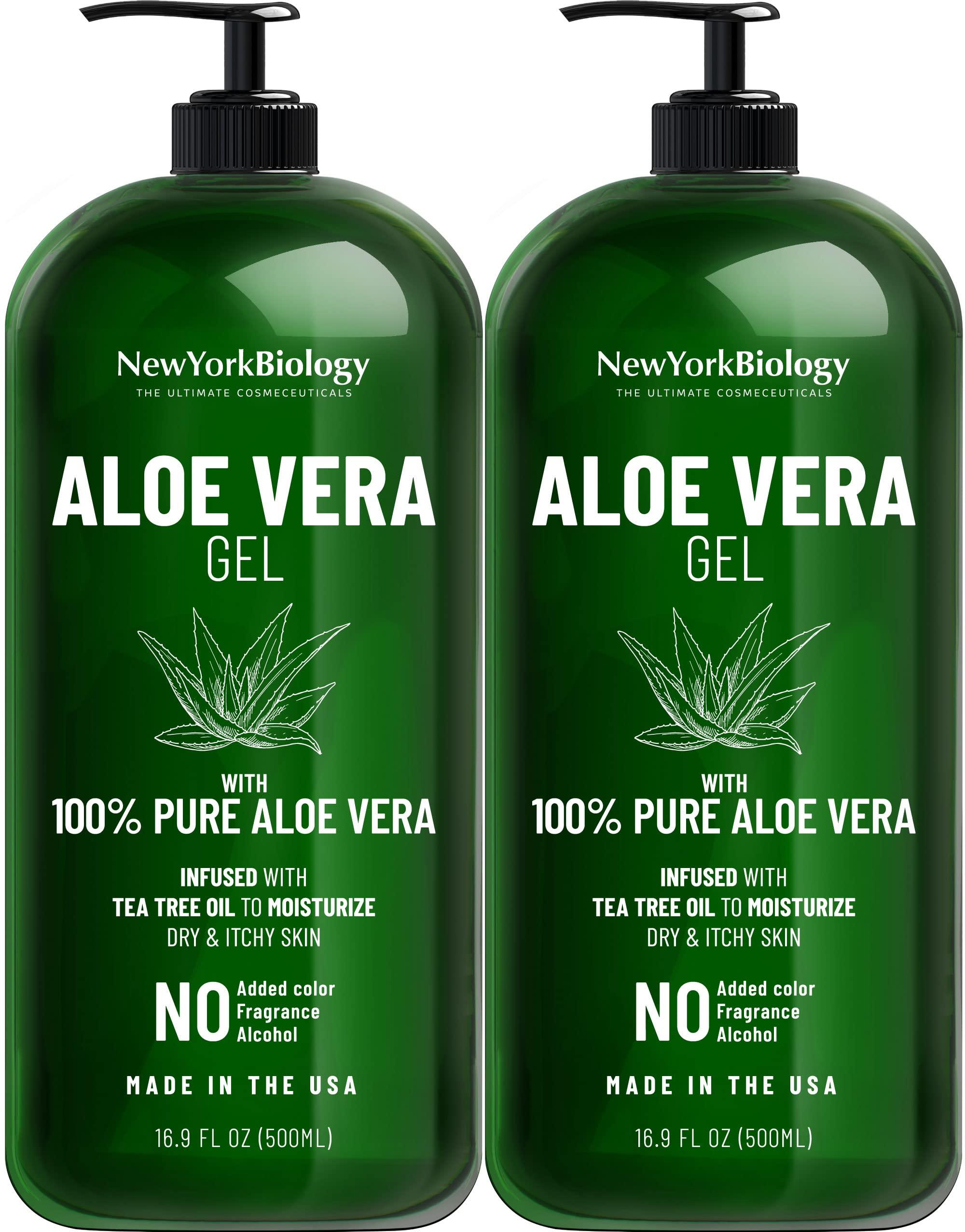 NEW YORK BIOLOGY THE ULTIMATE COSMECEUTICALS New York Biology Aloe Vera Gel for Face, Skin and Hair - Infused with Tea Tree Oil – From Fresh Aloe Vera Plant – Moisturizing Aloe Vera for Sunburn Relief and Dry Skin - 16.9 oz - Pack of 2