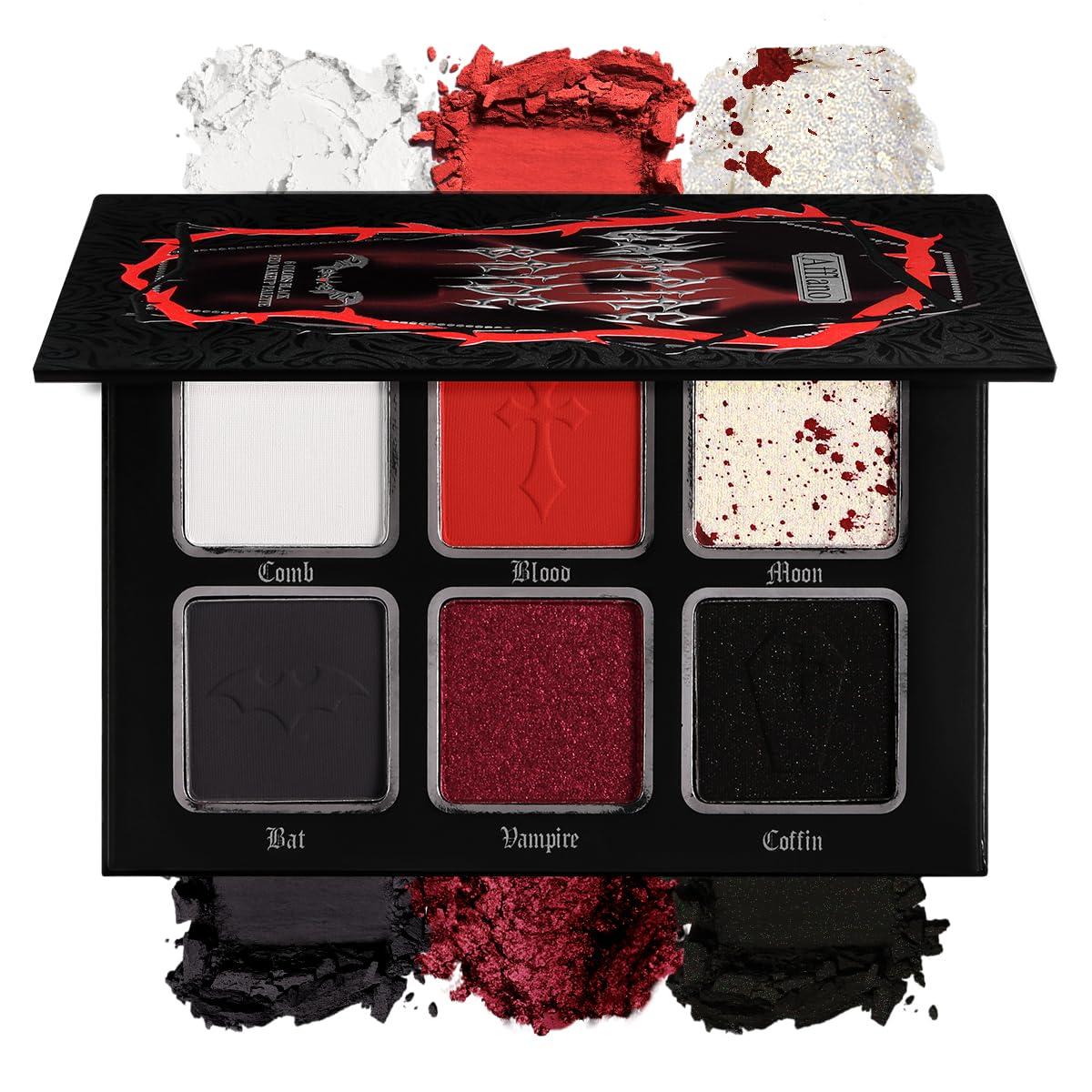 La Catrina Black Red Eyeshadow Palette, Highly Pigmented True Red White Dark Grey Goth Smoky Eyeshadow Palette, 6 Color Matte Shimmer Burgundy Metallic Halloween Makeup Palette for Zombie Vampire Clown,Blendable