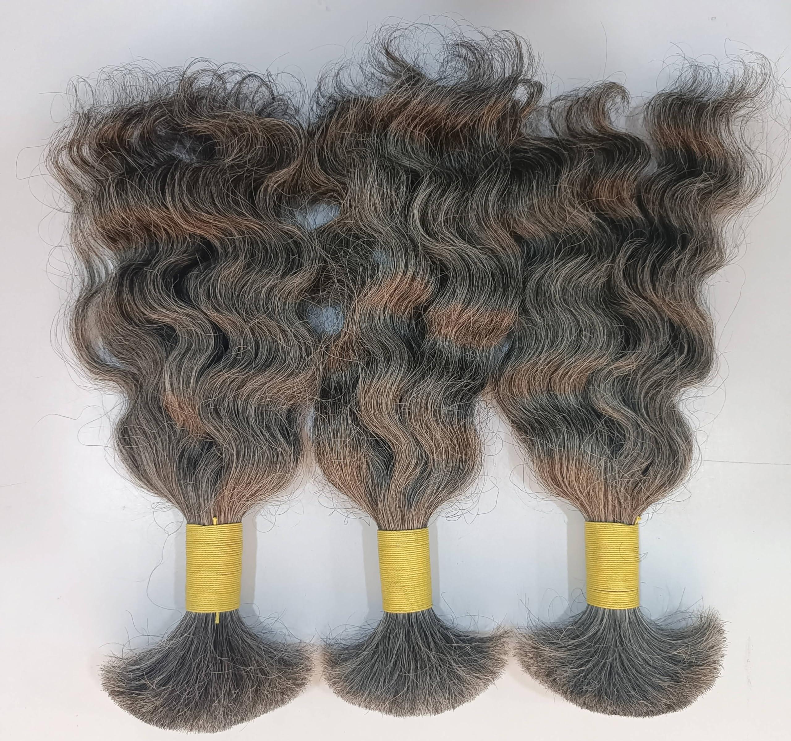 Hat Hair Extensions 100% Natural Raw Unprocessed Hair Extensions (Grey), Indian Grey Braiding Wavy Human Grey Hair Extensions salt and pepper. non-sewn bulk/braid grey salt and pepper human hair. (14 Inches)