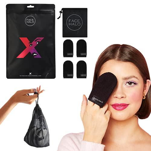 FACE HALO Face Halo X | Precision Makeup Remover Wipes and Wash Bag Remove Makeup with Just Water, Reusable Microfiber Makeup Touch-Up Mini Towel Erases Makeup in Hard To Reach and Sensitive Areas (4-Pack)