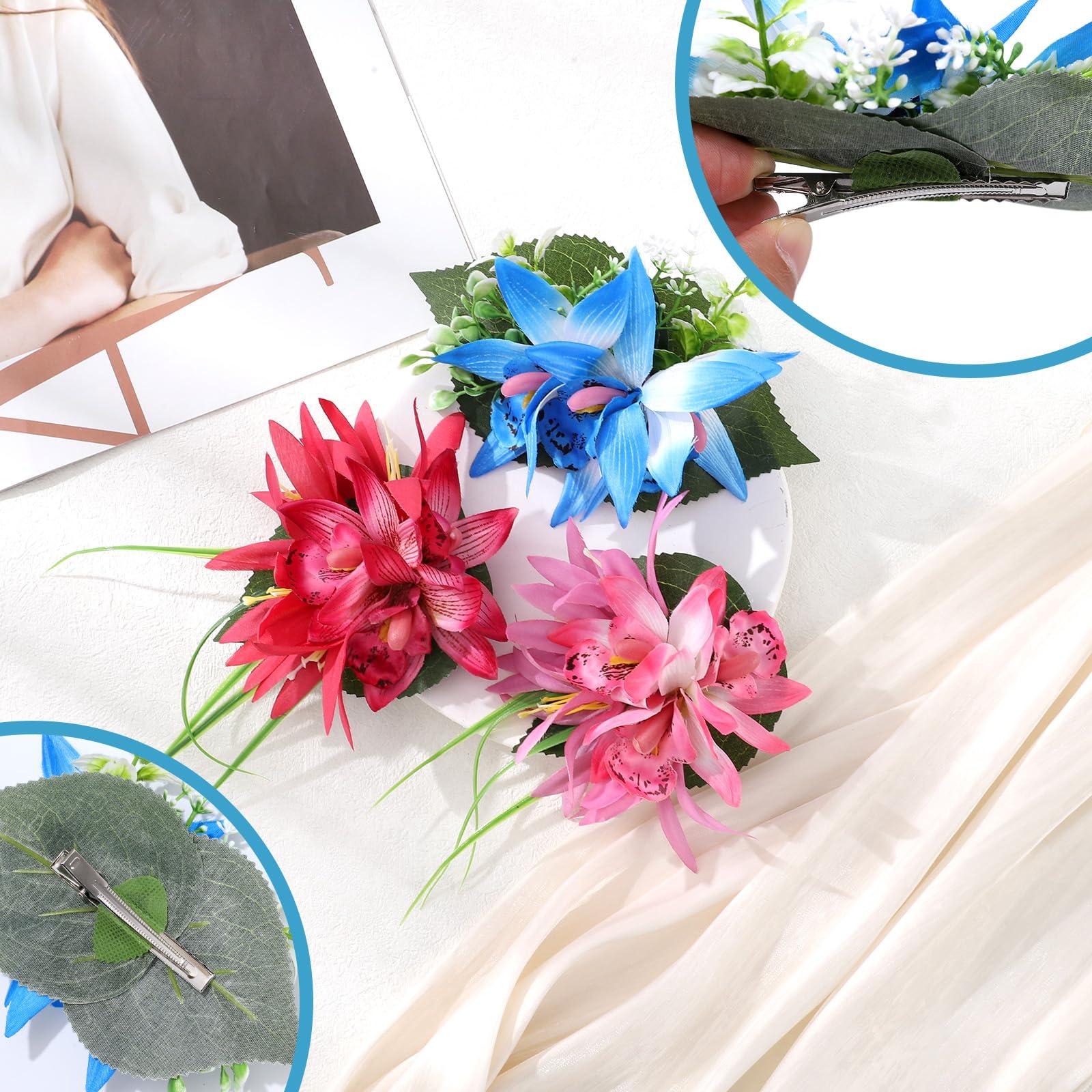 HAIMEIKANG HAIMEIKANG Hawaiian Flower Hair Clip - 3 Pieces Artificial Tropical Flower Hair Pins for Women in Blue, Rose Red, Pink - Hair Accessories for Wedding, Party, Daily Use