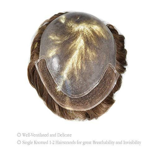 LHC French Lace Front Mens Mens Toupee Hairpiece Gray Hair Replacement Bleached Knot Wigs Poly Thin Skin Hair System For Men (8"x10", #760 Very Light Brown+60%Gray-120% Light to Medium)