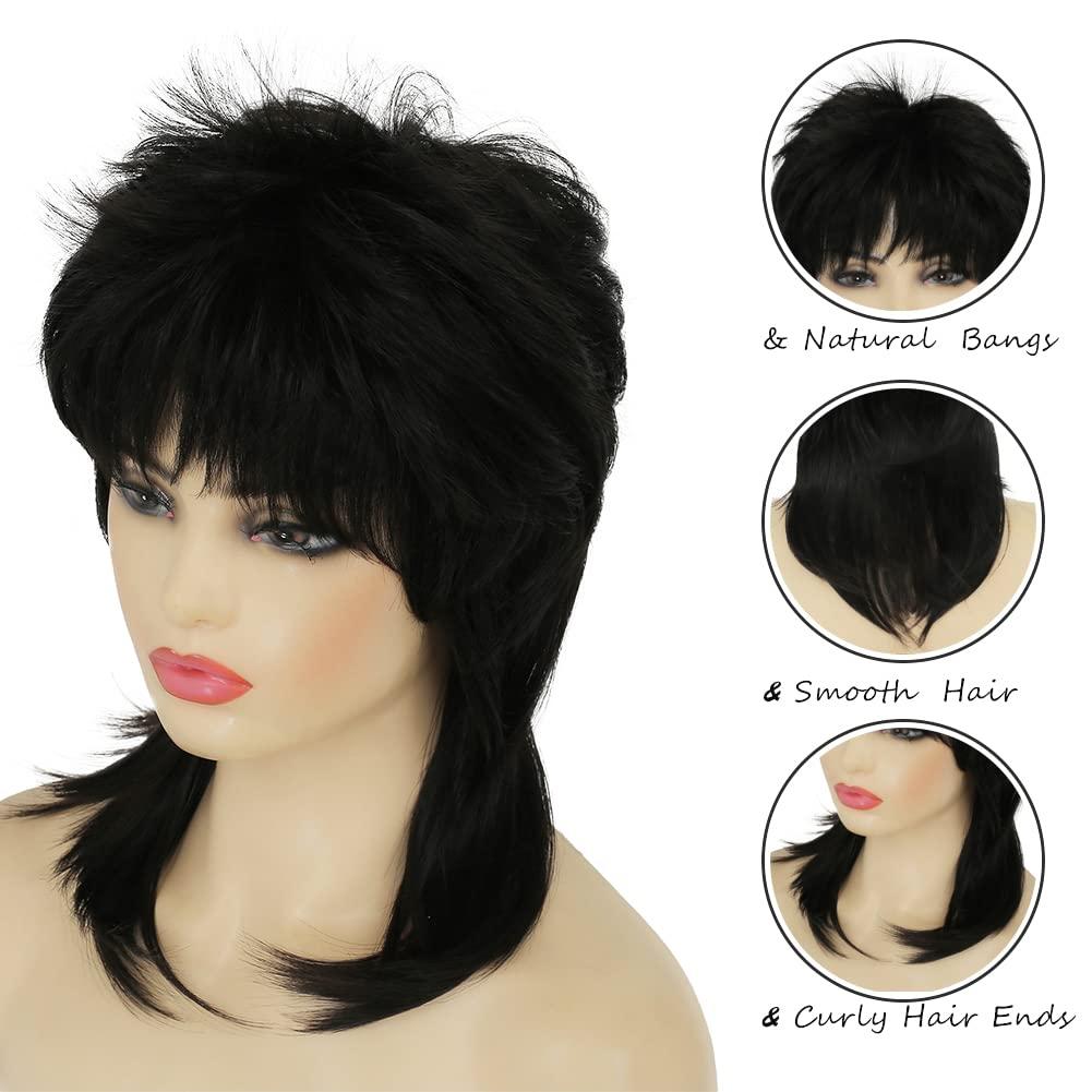 Amnenl Amnenl Mullet Wig for Women Black Wig Shoulder Length Shaggy Layered Wig Curly 80s Wig Heat Resistant Cosplay Daily Hair Wigs (Black)