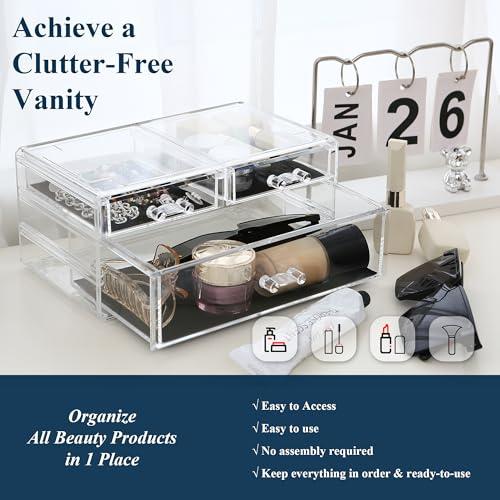 Sea Team Sea Team Clear Makeup Organizer with Drawers, Acrylic Plastic Cosmetic Display Case, Jewelry Storage Box, Holder for Dresser, Bathroom, Vanity, Countertop (1 Large, 2 Small Drawers)