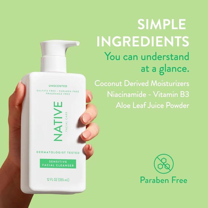 Native Native Sensitive Face Wash, Spa Day Every Day Facial Cleanswer (2 Pack) | Daily Face Cleanerwith Aloe and Vitamin B3, Unscented, 12 fl oz