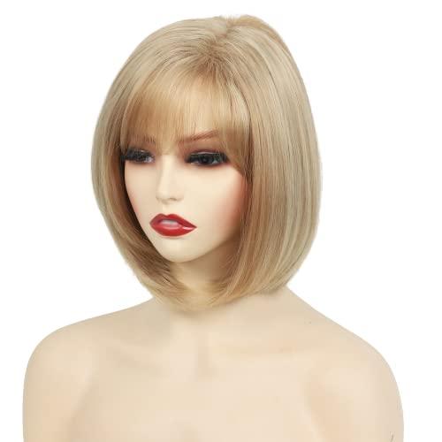 RENERSHOW RENERSHOW Short Blonde Pixie Bob Wig with Bangs Mixed Blonde Wigs for White Women Straight Hair Synthetic Wigs for Daily Party