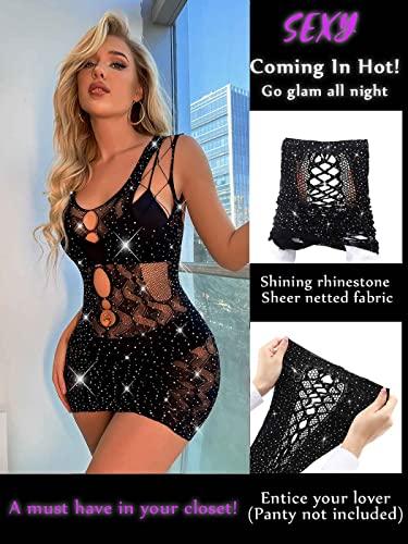 deladola deladola Sexy Fishnet Bodysuit Rhinestone Mesh Dress Hole Strap Stretch Chemise Nightwear Free Size Bodysuit Glitter Crystal Lingerie for Women's (C)
