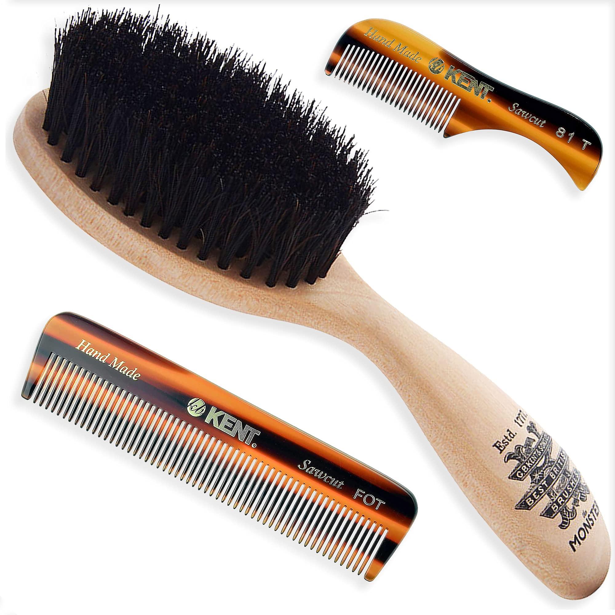 KENT Beard & Mustache Grooming Kit - Kent BRD5 Boar Bristle Brush + Kent 81T & A FOT Sawcut Fine Tooth Combs for Men\'s Care