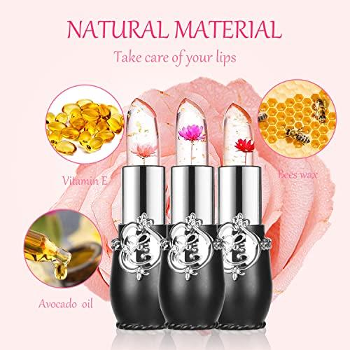 Sulily Sulily 6 Pcs Crystal Flower Jelly Lipstick Long Lasting Nutritious Lip Moisturizer Lip Gloss Balm, Lips Moisturizer Magic Color Change with Temperature Mood Lip Gloss(Black)