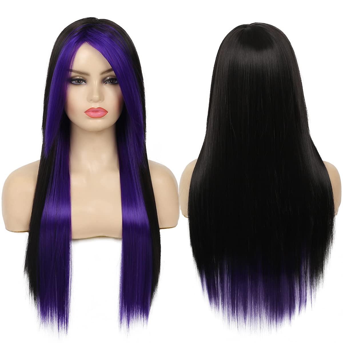 Baruisi Baruisi Long Purple Black Wig Silky Straight Synthetic Heat Resistant Side Bangs Halloween Costume Hair Wigs for Women Girls