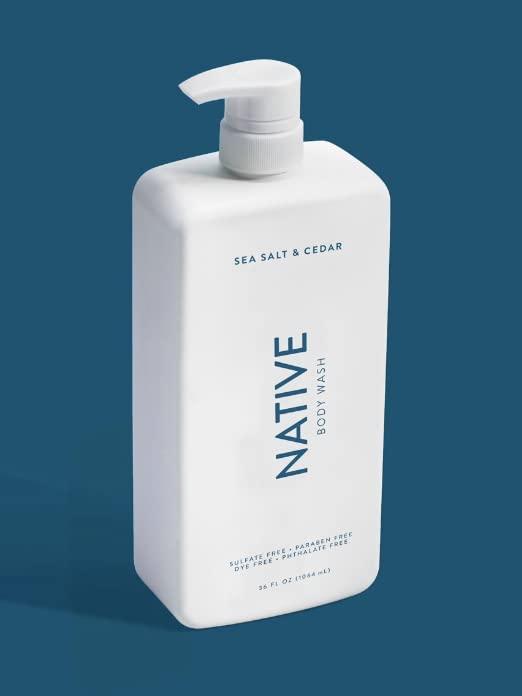 Native Native Body Wash for Women, Men | Sulfate Free, Paraben Dye with Naturally Derived Clean Ingredients, 36 oz bottle pump- 2 Pack (Sea Salt & Cedar) 72 Fl Oz