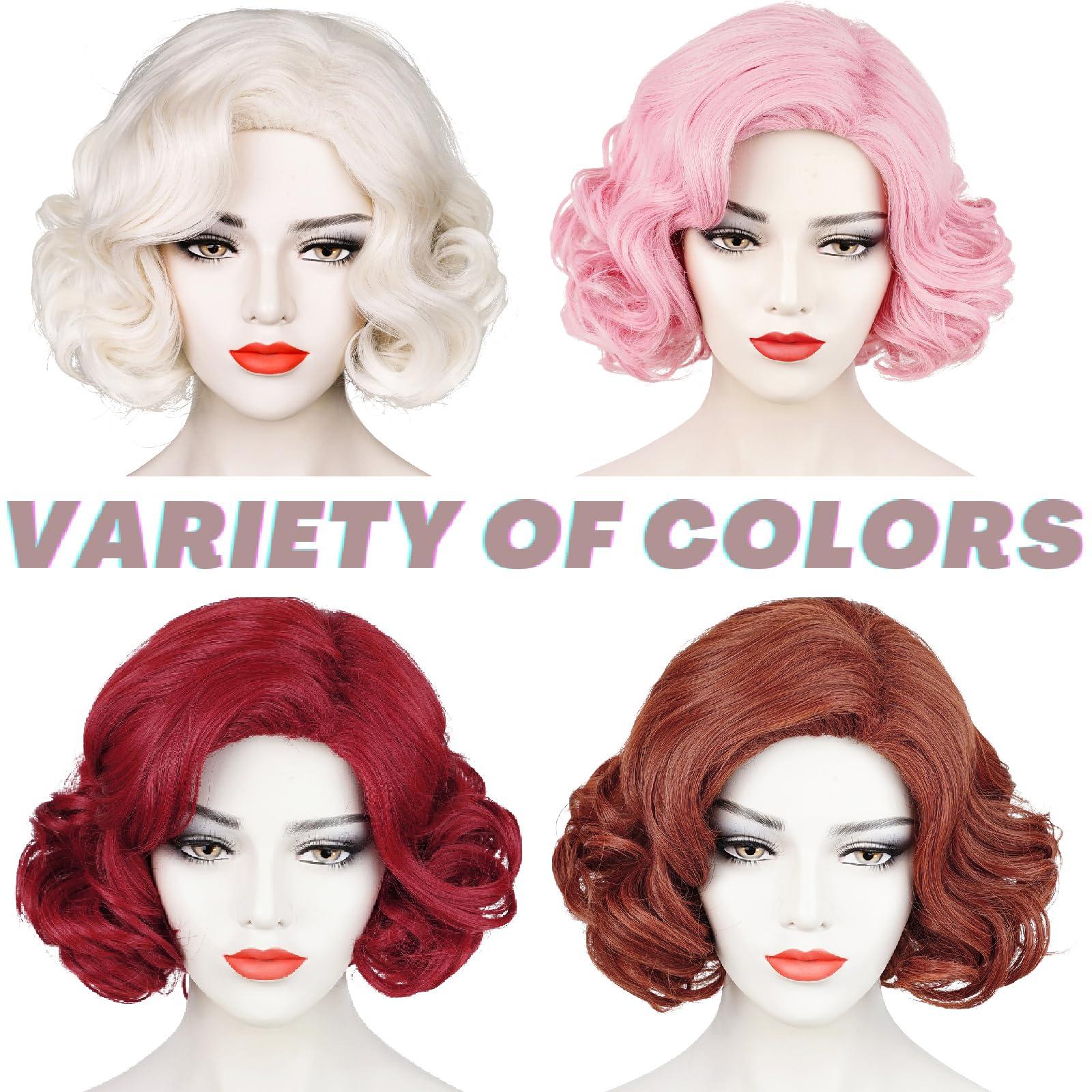 Wiggy Mermaid Short Pink Curly 1920s Wig for Women Adult, 50s Frenchie Wig Pink Bob Finger Wave Wig for Pink Ladies,Roaring Flapper Synthetic Hair Wig + Wig Cap for Halloween Costume Party Cosplay