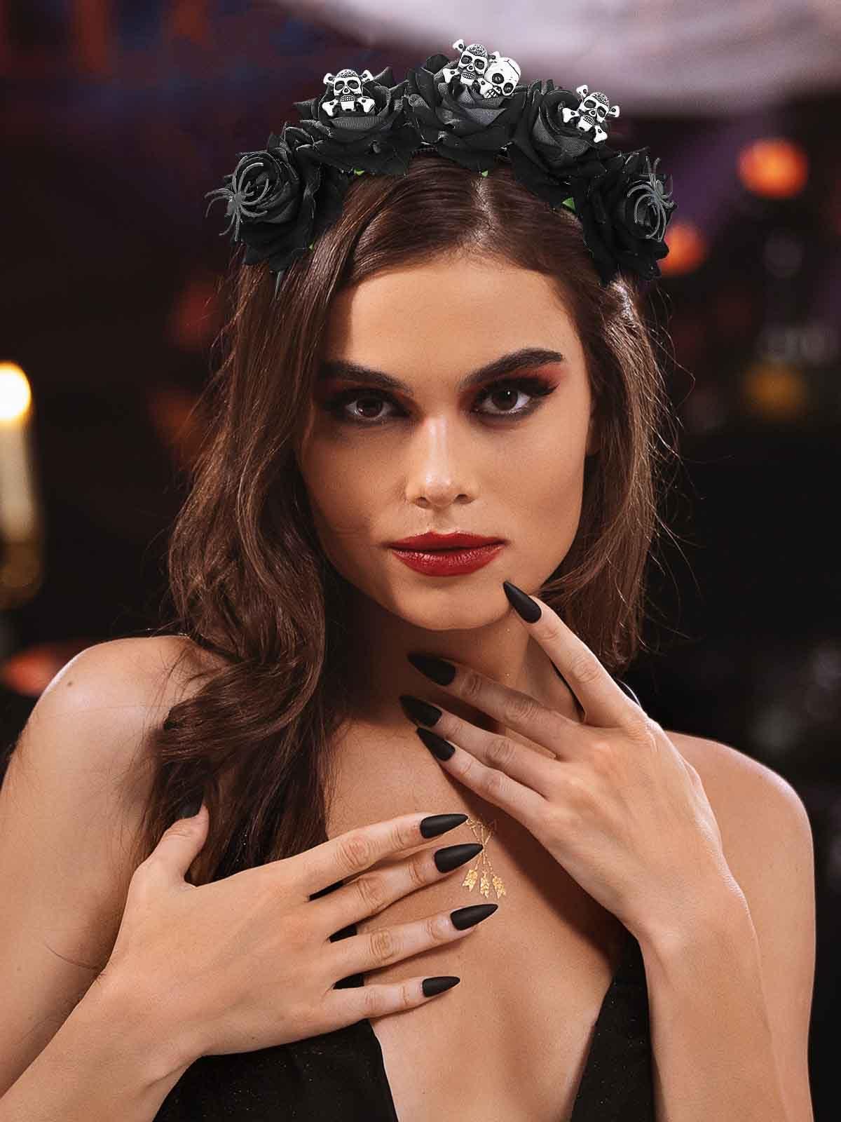 Woeoe Woeoe Halloween Skull Headband Black Rose Flower Costume Day of the Dead Headpiece Spider Mexican Floral Crown for Women and Girls