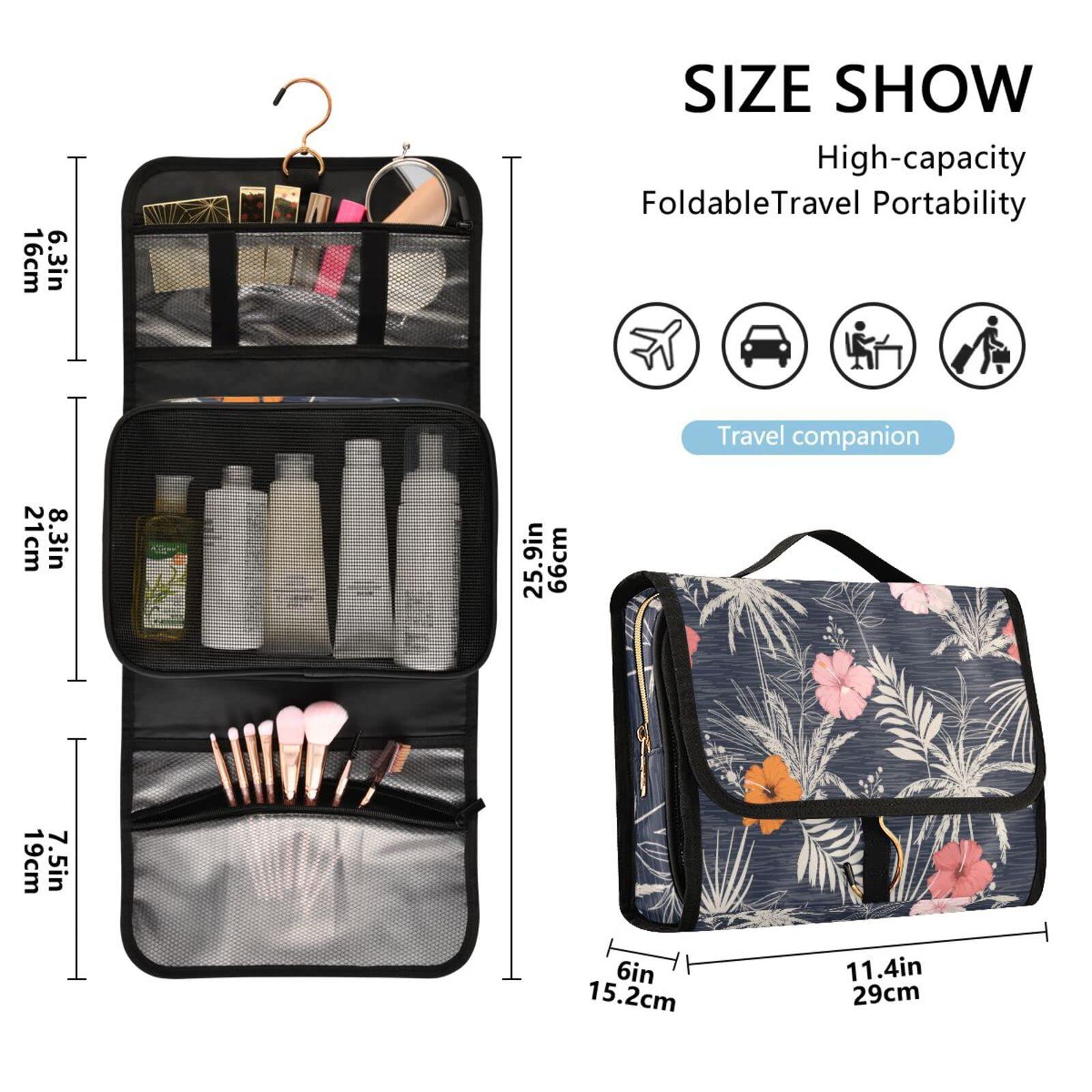 Oyihfvs Trendy Hawaii Tropical Exotic Hibiscus Flowers with Palm Leaves 3 PCs Set Toiletry bags, 1 Women\'s Travel Cosmetic Bag, 1 Hanging Toiletry Wash Bag, 1 Brush Case, Portable Makeup Storage Case