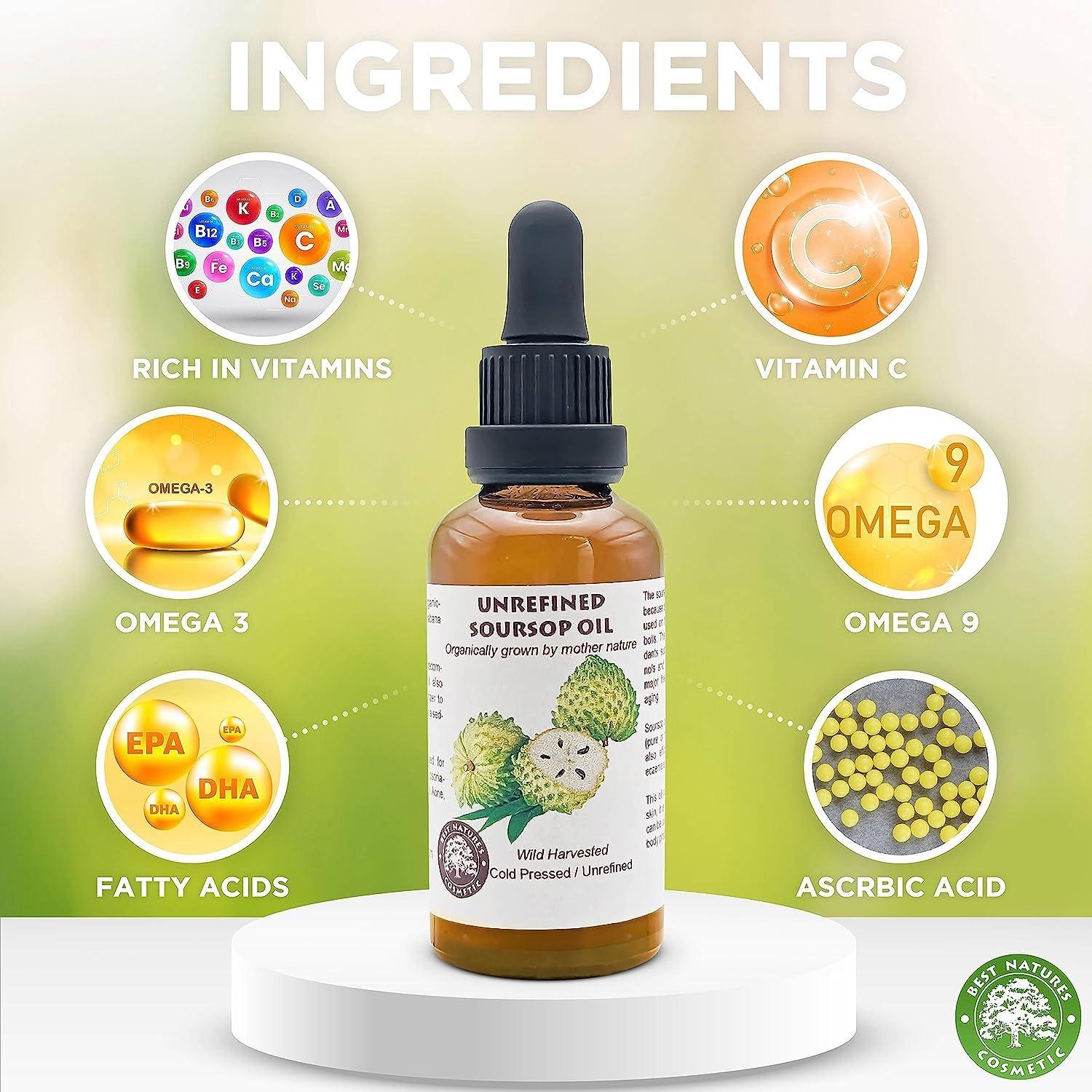 Best Nature\'s Cosmetics Best Nature\'s Cosmetics Virgin Soursop Graviola Guanabana Oil (Organic, Undiluted, Cold Pressed, Unrefined) 1 oz / 30 ml  Natural Moisturizer for Dry and Damaged Skin.