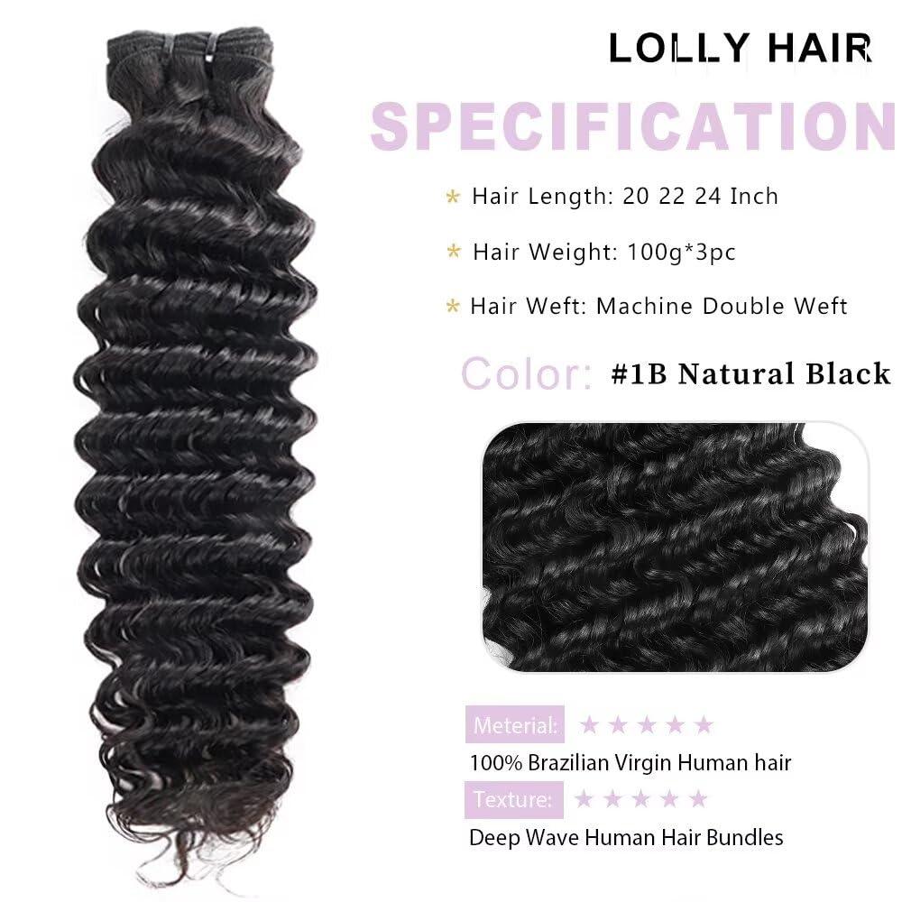 LOLLY HAIR Deep Wave Bundles Human Hair 20 22 24 Inch Water Wave Bundles 100% Unprocessed 10A Brazilian Virgin Human Hair Wet and Wavy Bundles Double Weft Deep Curly Weave 3 Human Hair Bundles Natural Black
