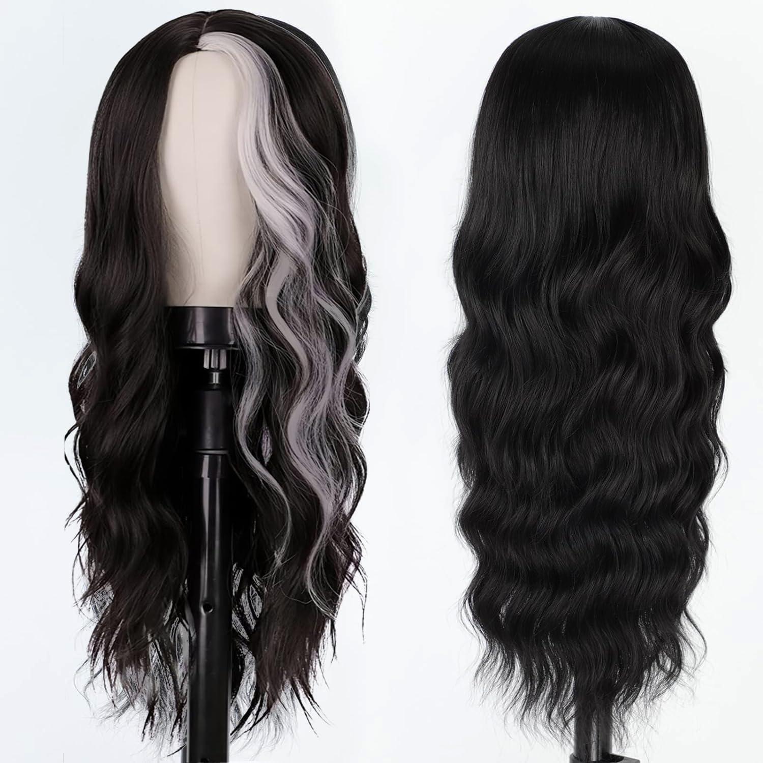 Sabosi Sabosi Long Wavy Black White Wigs for Women 26 Inch Middle Part Curly Wavy Wig Natural Looking Synthetic Heat Resistant Fiber Wig for Daily Party Use