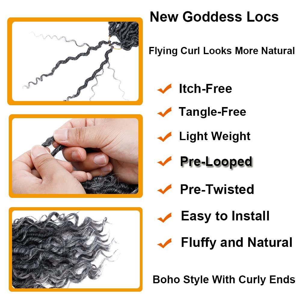 BAOTA Goddess Locs Crochet Hair 22 Inch 7 Packs Ombre Gray Crochet Hair Boho Locs Pre Looped Faux Locs Crochet Hair for Women Curly Crochet Goddess Locs (T1B/Gray#)