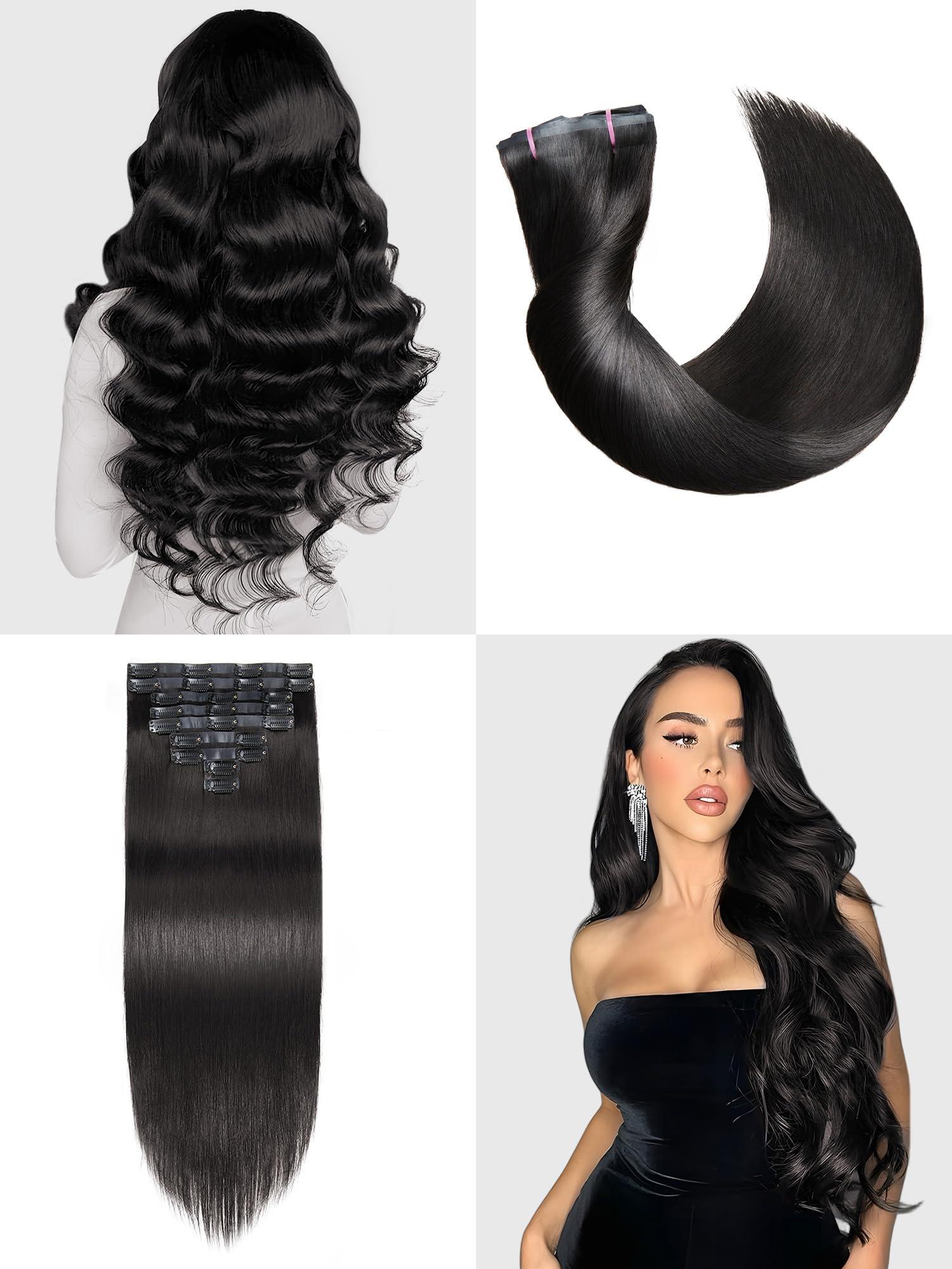 AMYTUD Clip in Hair Extensions Real Human Hair Remy Human Hair Extensions Clip in for Women Natural Human Hair Black 22inch 125g 9Pcs Straight Seamless Clip in Hair Extensions Human Hair
