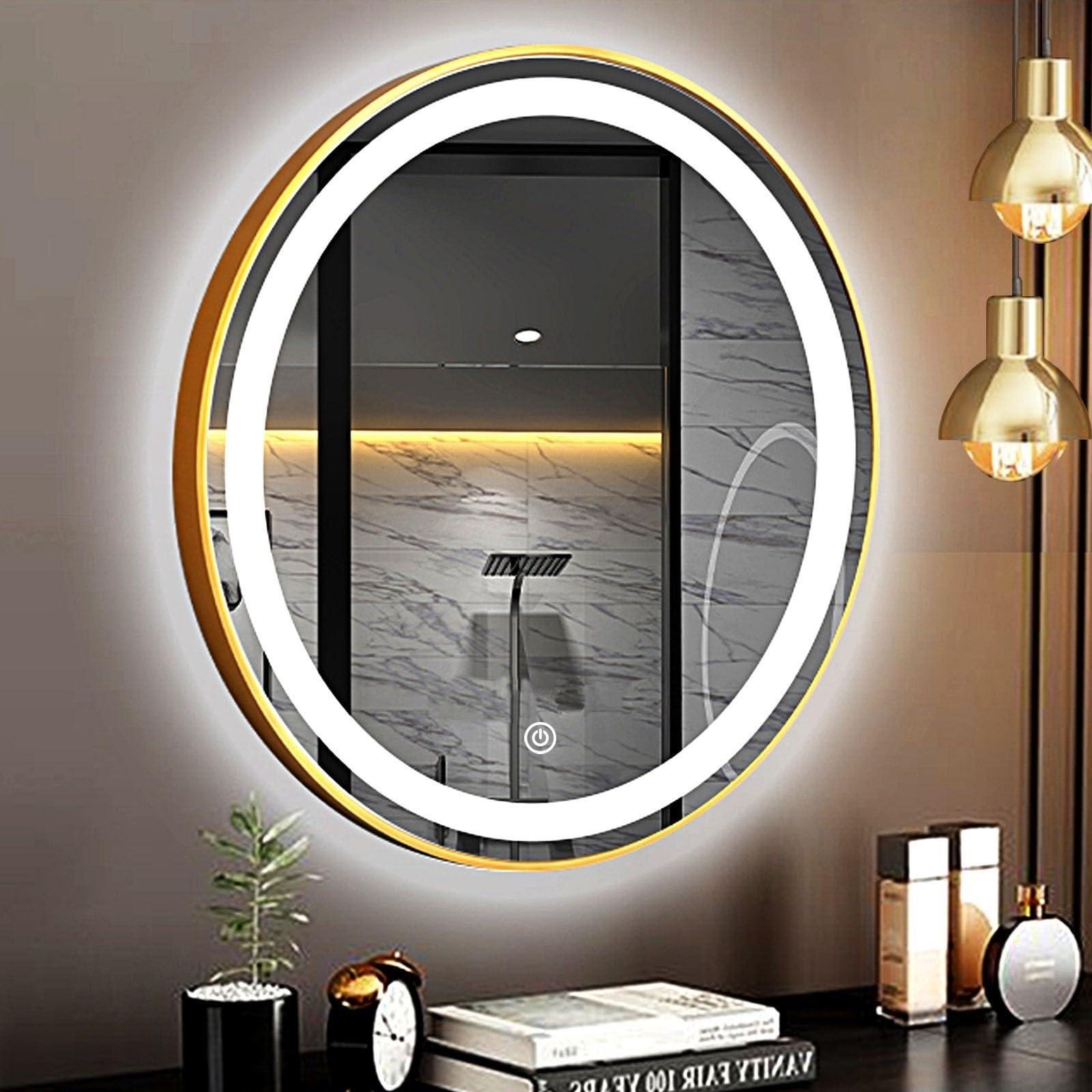 COMPR Mirror with Lights, Led Bathroom Mirror, Led Gold Frame Round Mirror, Wall Mounted Lighted Vanity Mirror, 3 Colors, Memory Function (Color : Gold, Size : 60cm)