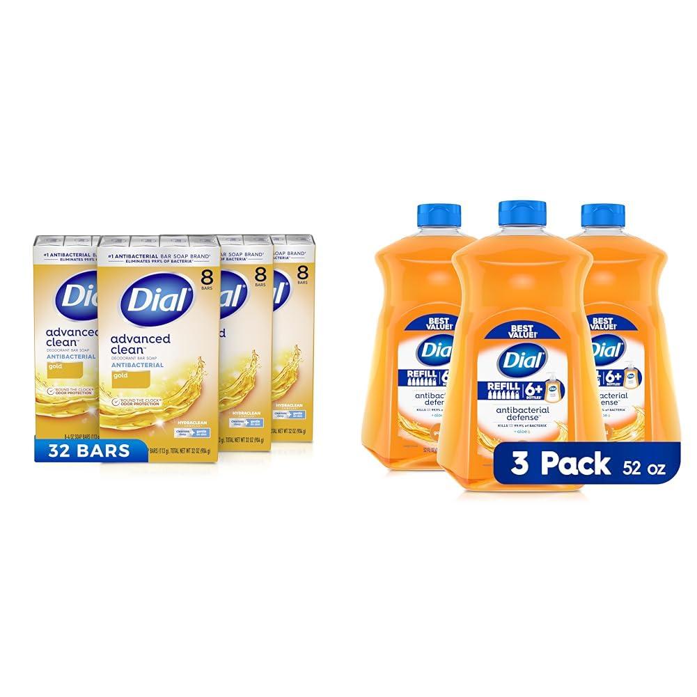 Dial Dial Antibacterial Deodorant Bar Soap, Advanced Clean, Gold, 4 oz, 32 Bars & Antibacterial Liquid Hand Soap Refill, Gold, 52 fl oz (Pack of 3)