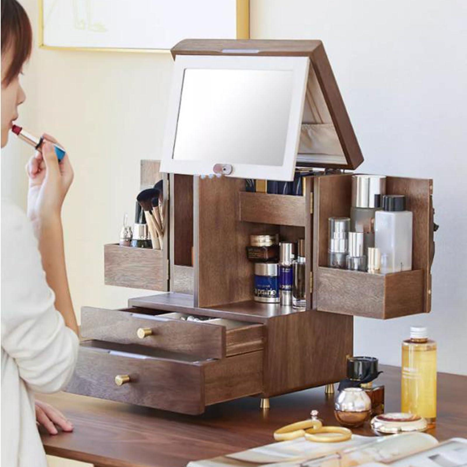 CLoxks makeup organizer Wood Makeup Cosmetic Storage Organizer Box Cabinet with Drawers and Makeup Mirror, Multi-Function Cosmetic Large Capacity Make up Shelf Cosmetics Organizer Box, for Skincare, Lipstick