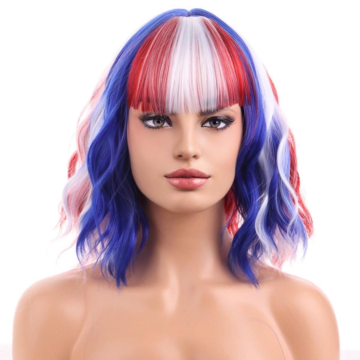 MAGQOO MAGQOO Blue Red White Wig Red Blue White Bob Wig 4th of July Wig Flag Wig White Red Blue with Bangs Short Curly Wavy Blue White Red Wig Cosplay Costume Wig