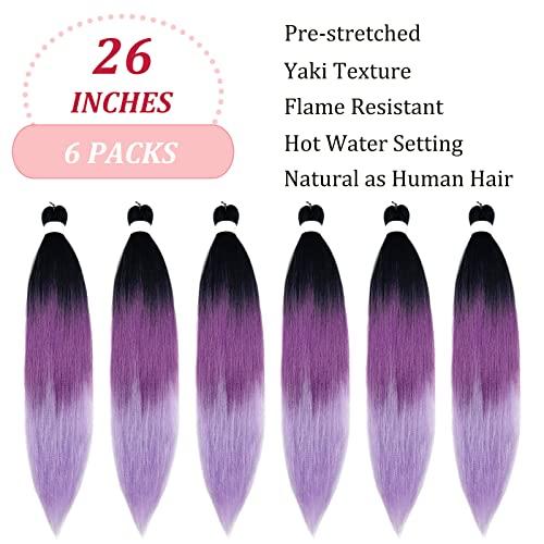 UPruyo UPruyo Black to Purple Ombre Braiding Hair Pre Stretched Synthetic Hair for Braiding Black Purple Hair Extensions for Braids Prestretched Braiding Hair Ombre (26 In 6 Packs)