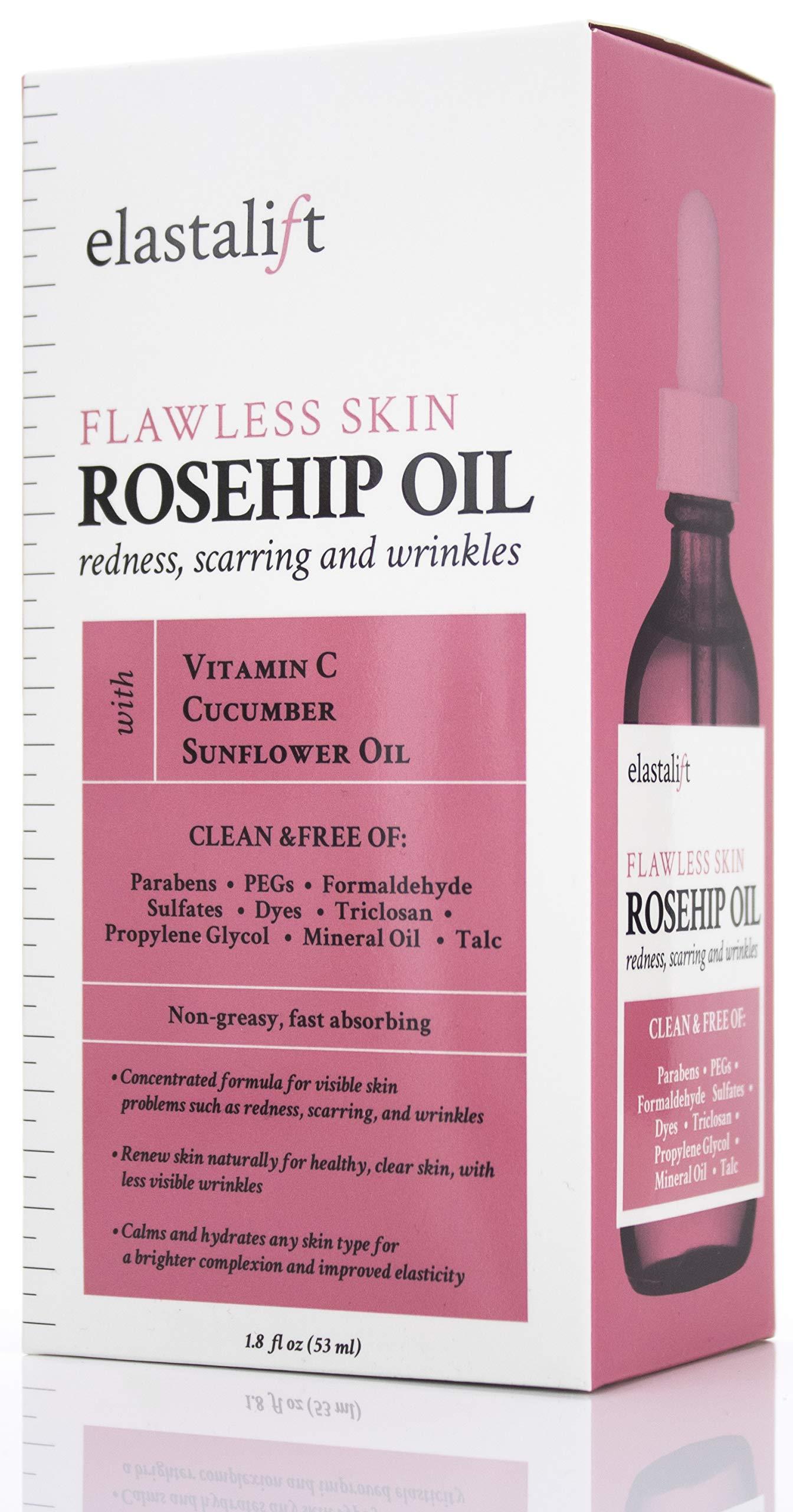 Elastalift Elastalift Rosehip Oil for face with Vitamin C and Cucumber. Pure Rosehip face oil helps with Wrinkles, Scarring, and Redness for a brighter skin complexion. 1.8 Fl Oz