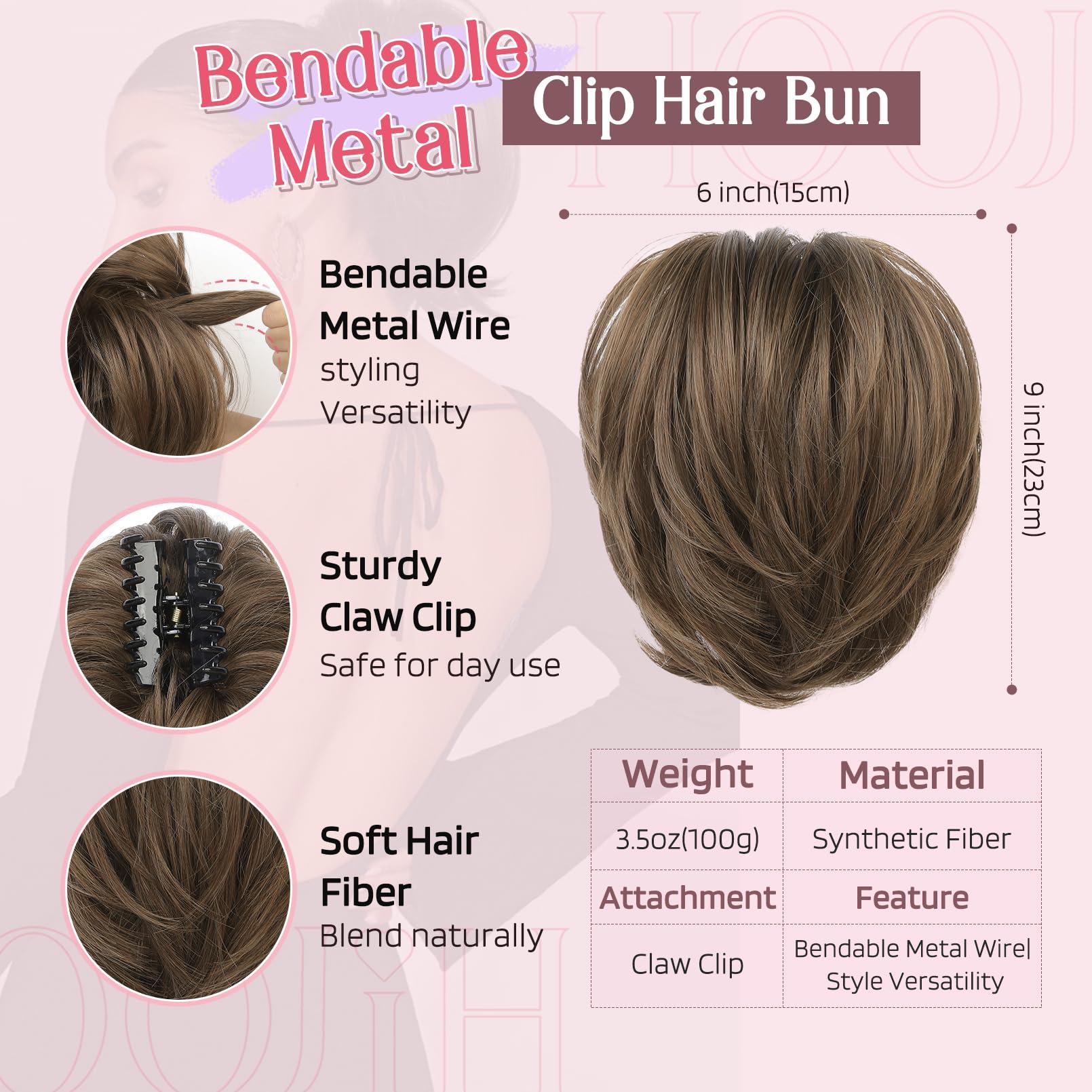 HOOJIH HOOJIH Messy Bun Hair Piece, Claw Clip in Straight Hair Bun 9 Inch Short Ponytail Extension with Bendable Metal Wire Hair Pieces for Women Fake Hair Bun DIY Styles - Ginger Medium Brown