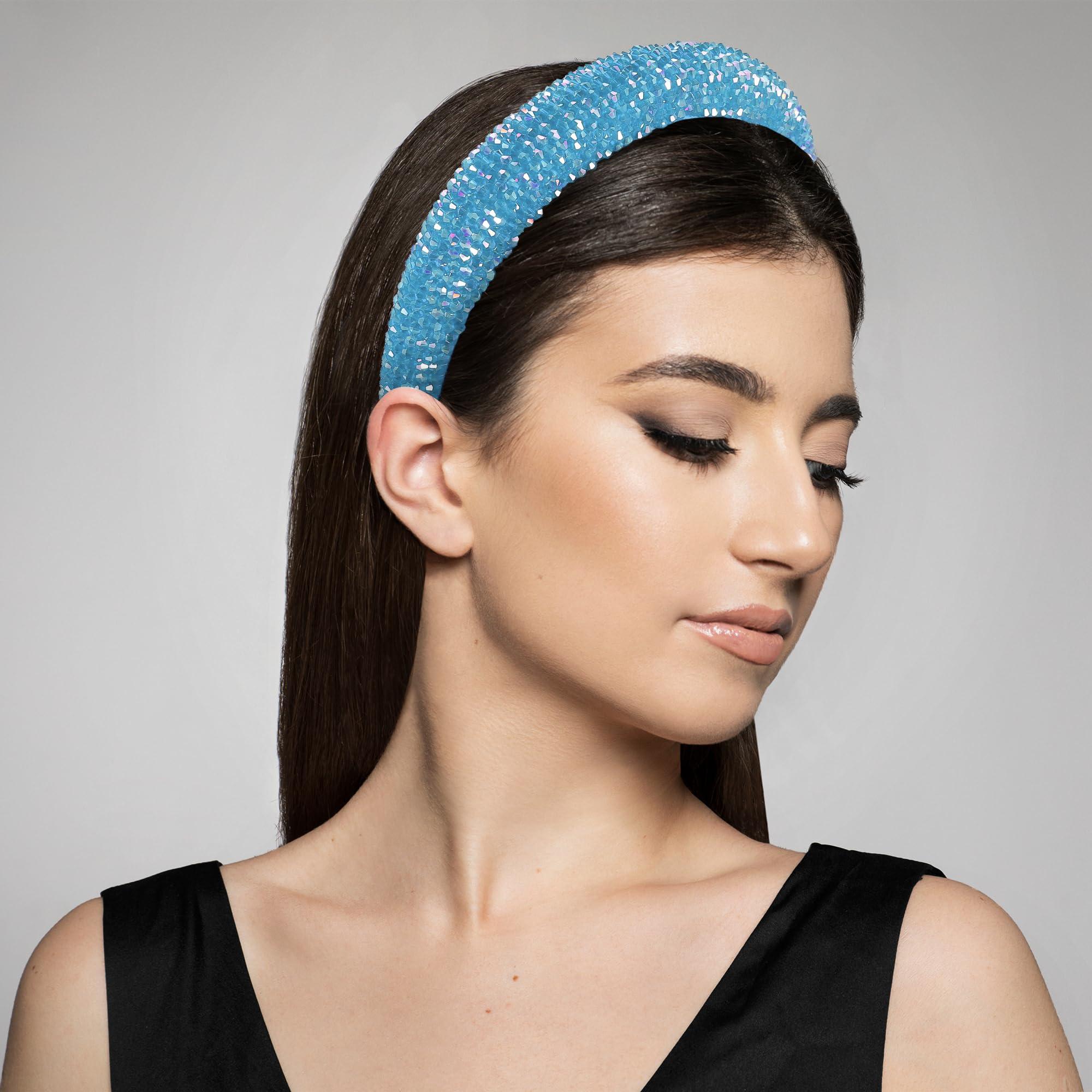 VOCOSTE VOCOSTE Rhinestone Headband, Bling Padded Hairband Sparkle Faux Crystal Headbands Hair Accessories for Women, Sky Blue, 1.18 Inch Wide