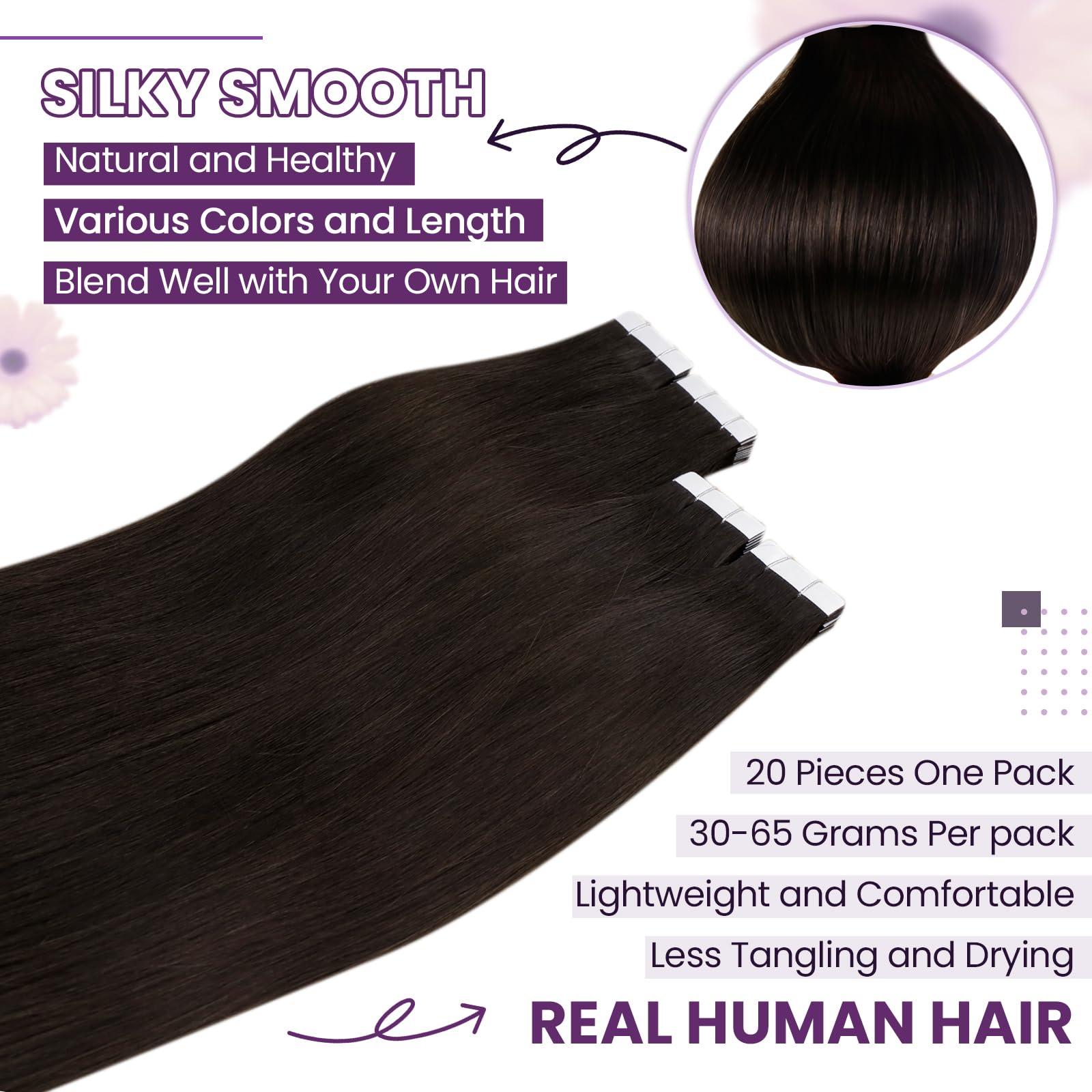 LAAVOO LaaVoo Tape in Extensions Human Hair Brown Tape in Hair Extensions Human Hair #2 Darkest Brown Hair Extensions Tape in Human Hair 14 Inch 20 Pcs 40 Gram Invisible Tape Extensions Human Hair