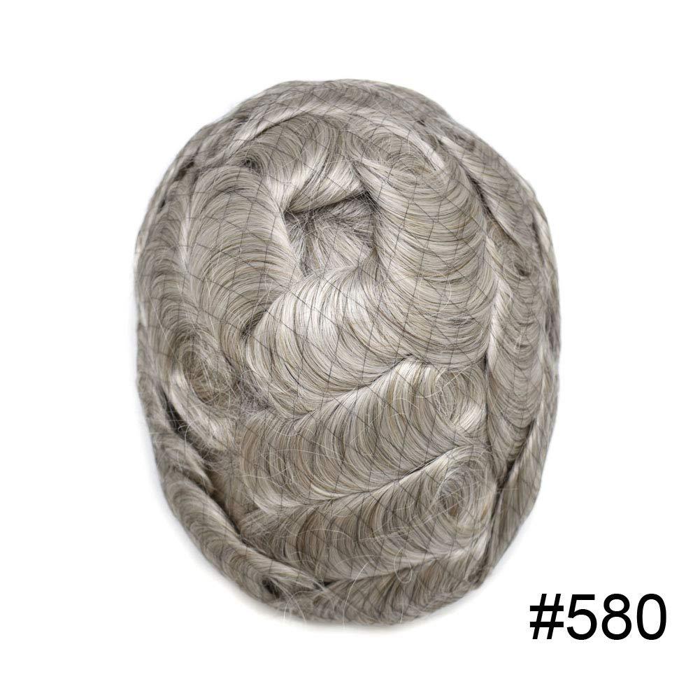 Hair Wonders Hair Wonders Toupee For Men V-loop Real Human Hair Piece For Men 0.06mm Ultra Thin Skin Toupee Grey Hair System For Men Hairpiece Mens Toupee 8x10 110% Density #580#5 Medium Light Brown+80% Grey