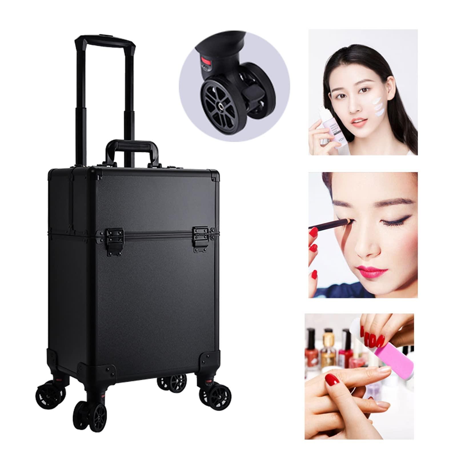 HJXGQJM Large Professional Cosmetic Train Case, Rolling Makeup Train Case With Wheels Cosmetic Travel Train Case With 4 Detachable Wheels,Professional Makeup Luggage On Wheel For Makeup Artist Black cosmetic