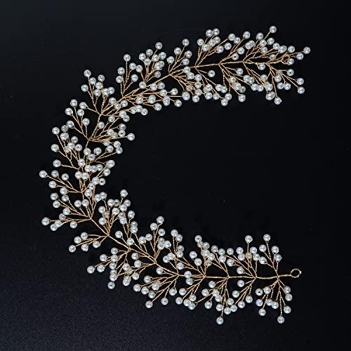 Xerling Xerling Brides Pearl Hair Vine Gold Headband for Girls Crystal Hairband Hair Accessories Wedding Bridal Head Piece for Women (Gold)