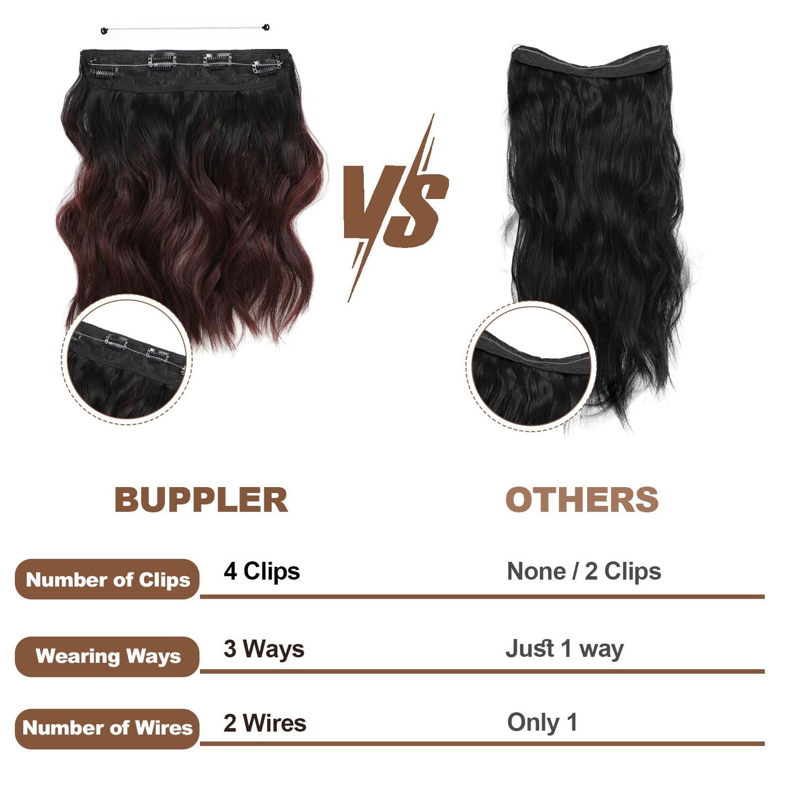 BUPPLER BUPPLER Halo Hair Extensions 12 Inch Invisible Wire Hair Extensions Adjustable Long Wavy Hair Extensions Synthetic Upgrade 4 Secure Clips in Hairpieces 12 Inch, Black to Burgundy