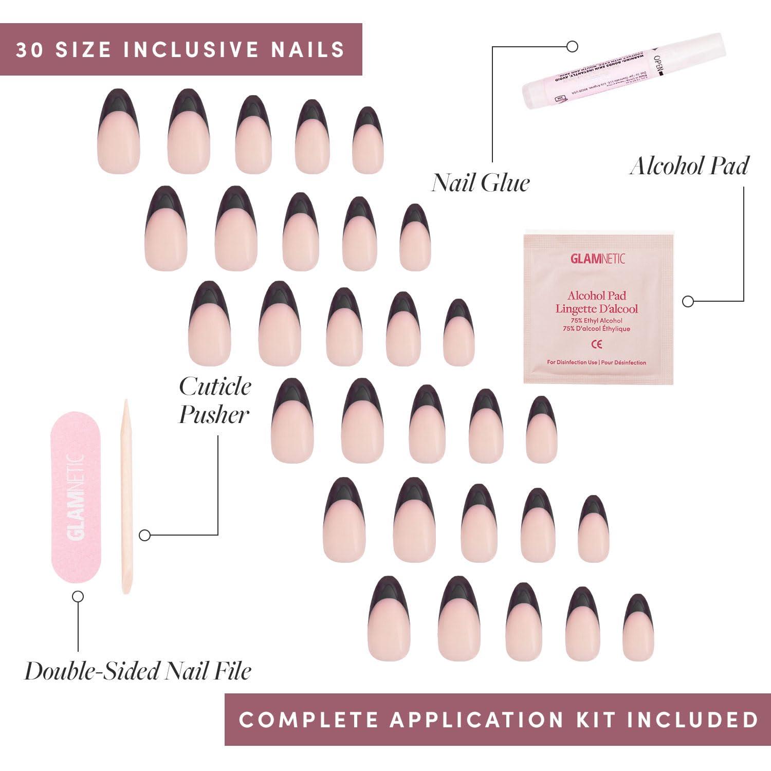 Glamnetic Glamnetic Press-On Nails & Adhesive Nail Tabs - Caviar | Semi-Transparent with Black French Tips, Short Almond Nails, Reusable |