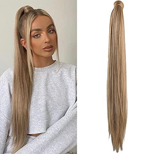 SEIKEA SEIKEA 28 Inch Clip in Ponytail Extension Wrap Around Long Straight Pony Tail Hair Synthetic Hairpiece for Women Color Ash Blonde with Golden Blonde